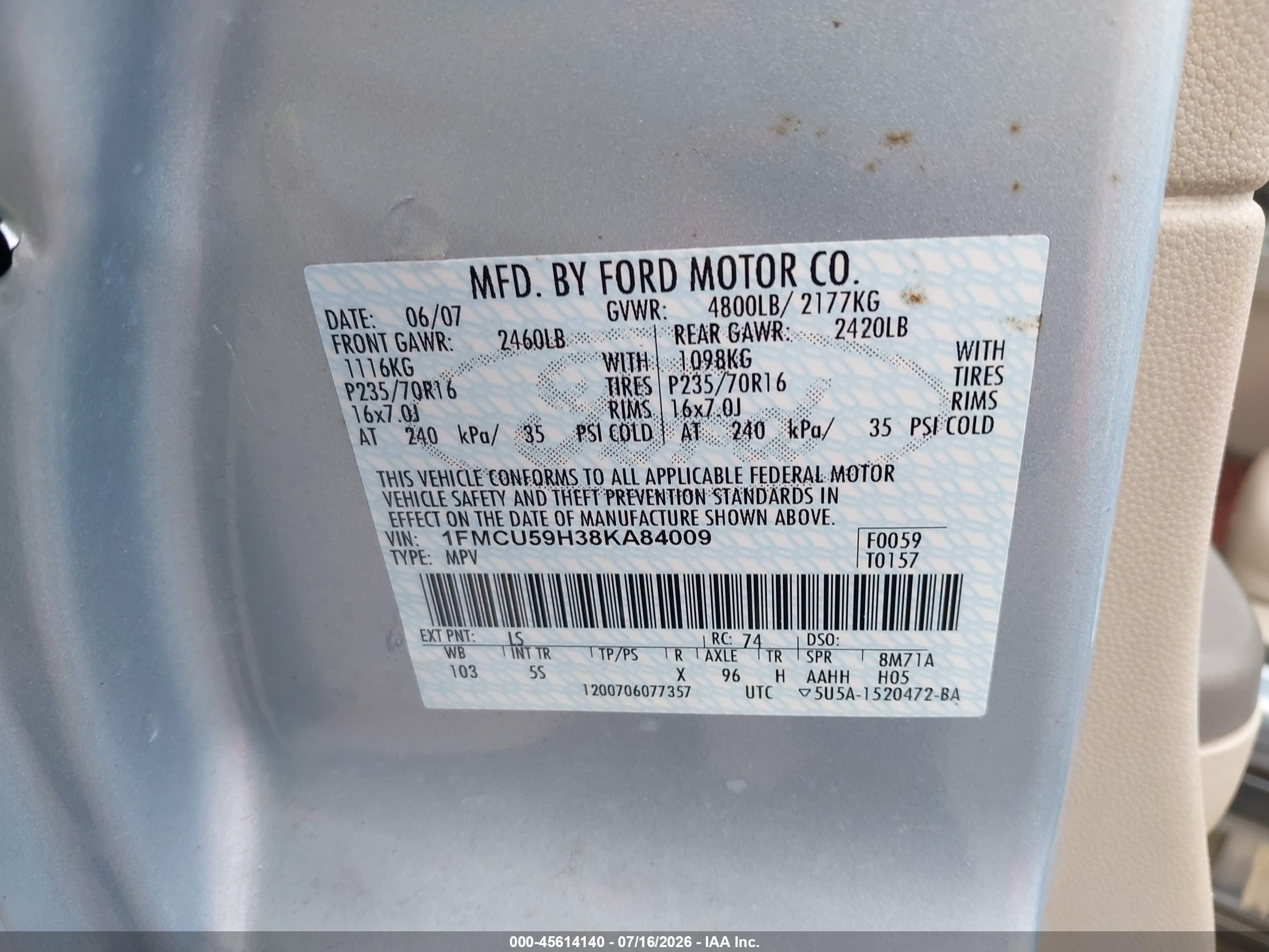 2008 Ford Escape Hybrid   Light Blue vin: 1FMCU59H38KA84009