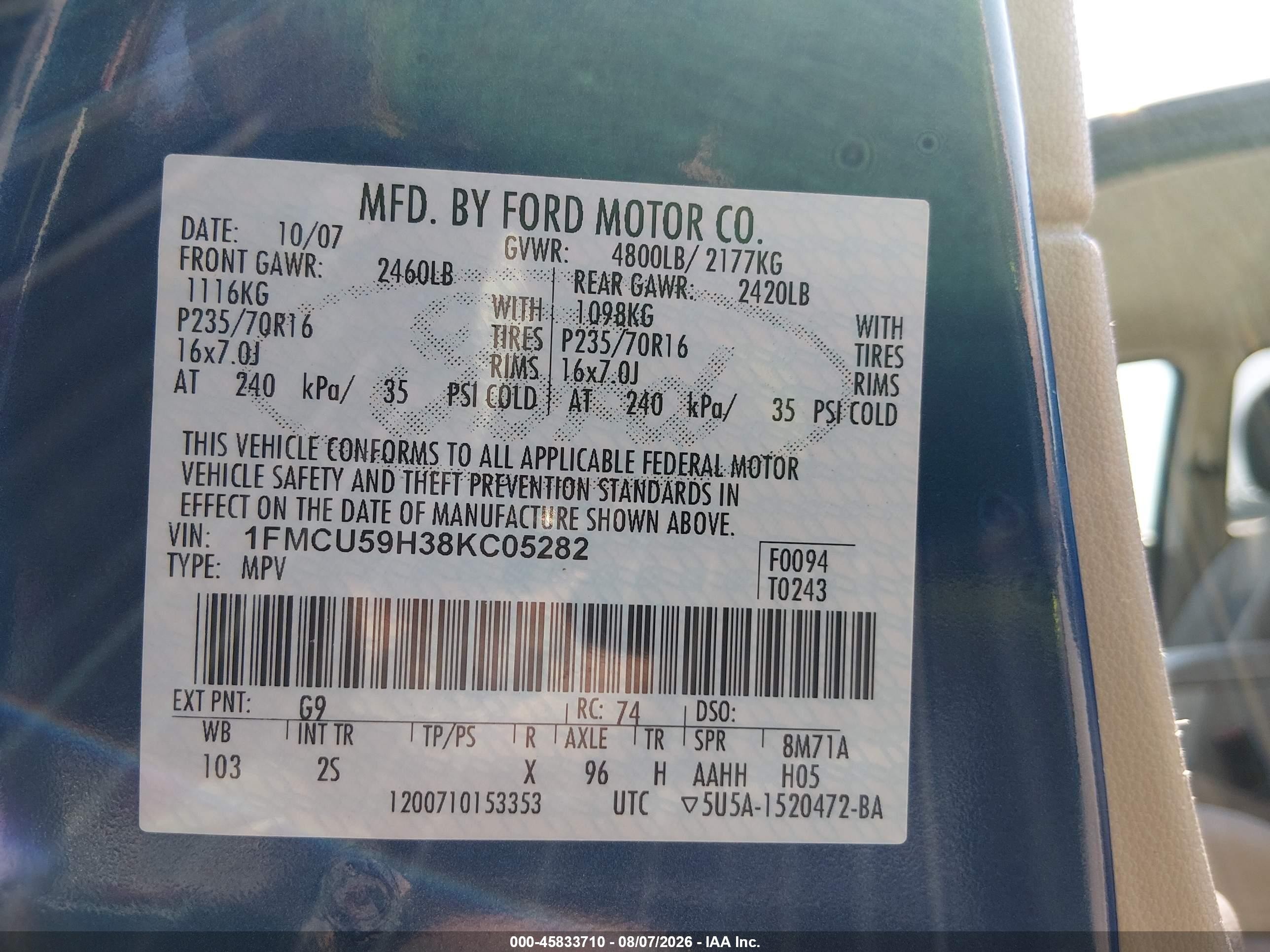 2008 Ford Escape Hybrid   Синий vin: 1FMCU59H38KC05282