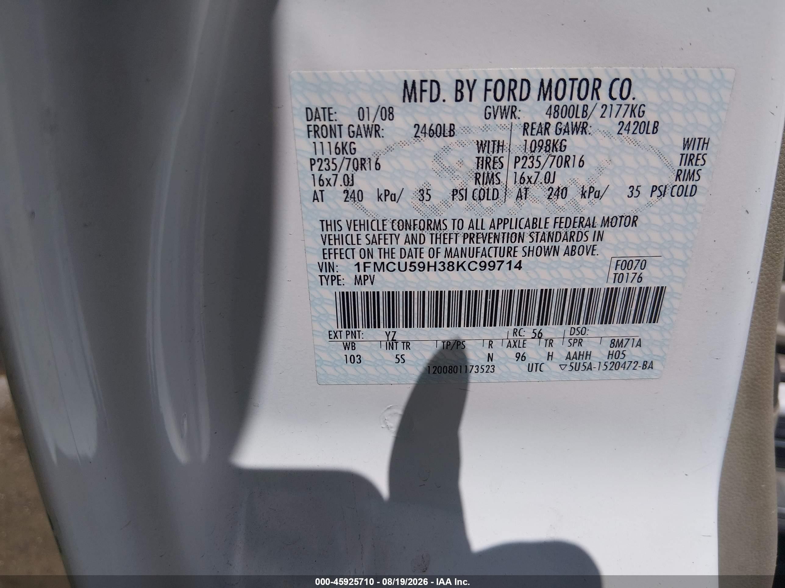 2008 Ford Escape Hybrid   Белый vin: 1FMCU59H38KC99714