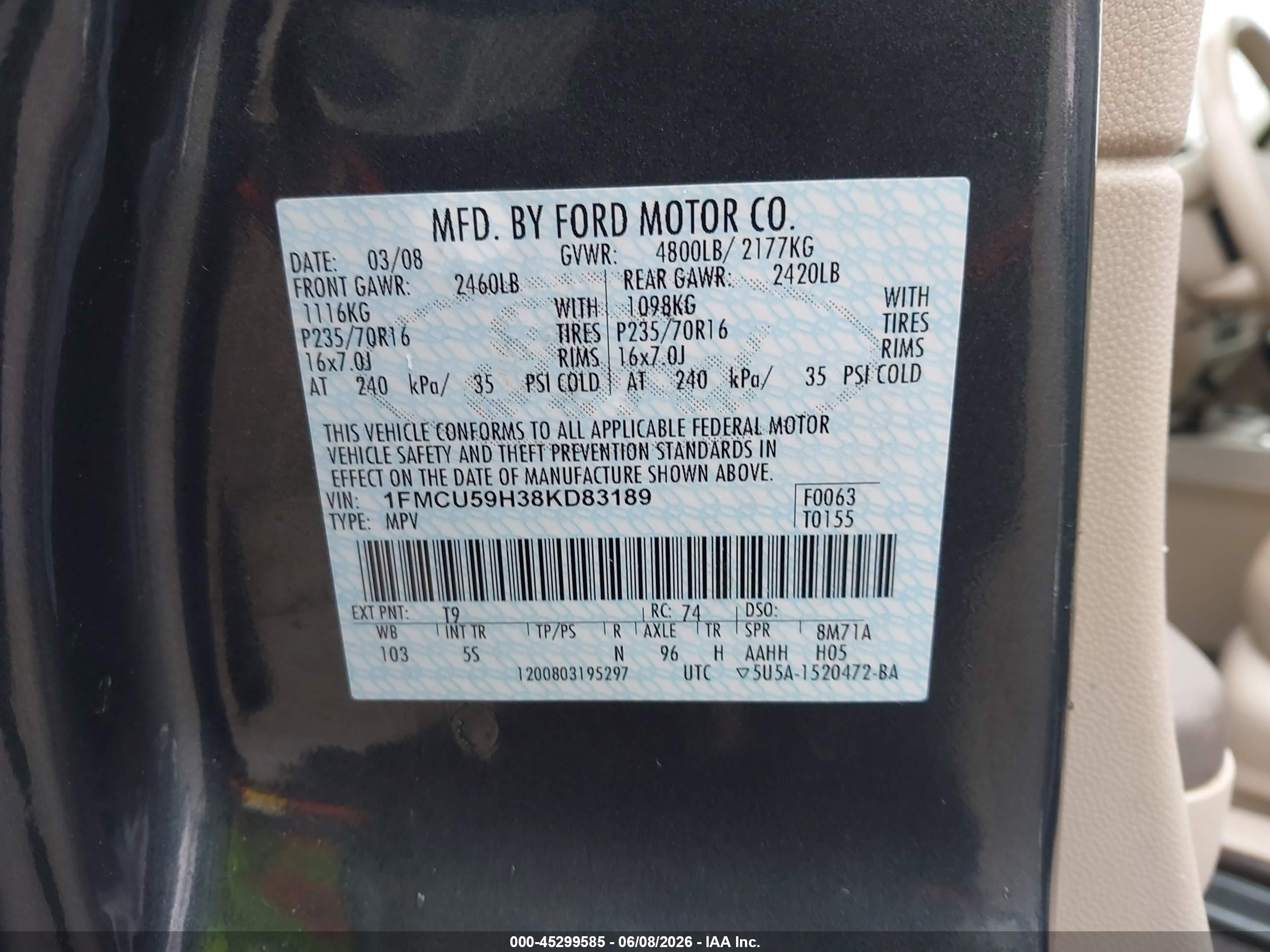 2008 Ford Escape Hybrid   Blue vin: 1FMCU59H38KD83189