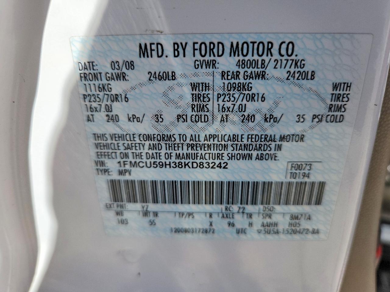 2008 Ford Escape Hev White vin: 1FMCU59H38KD83242