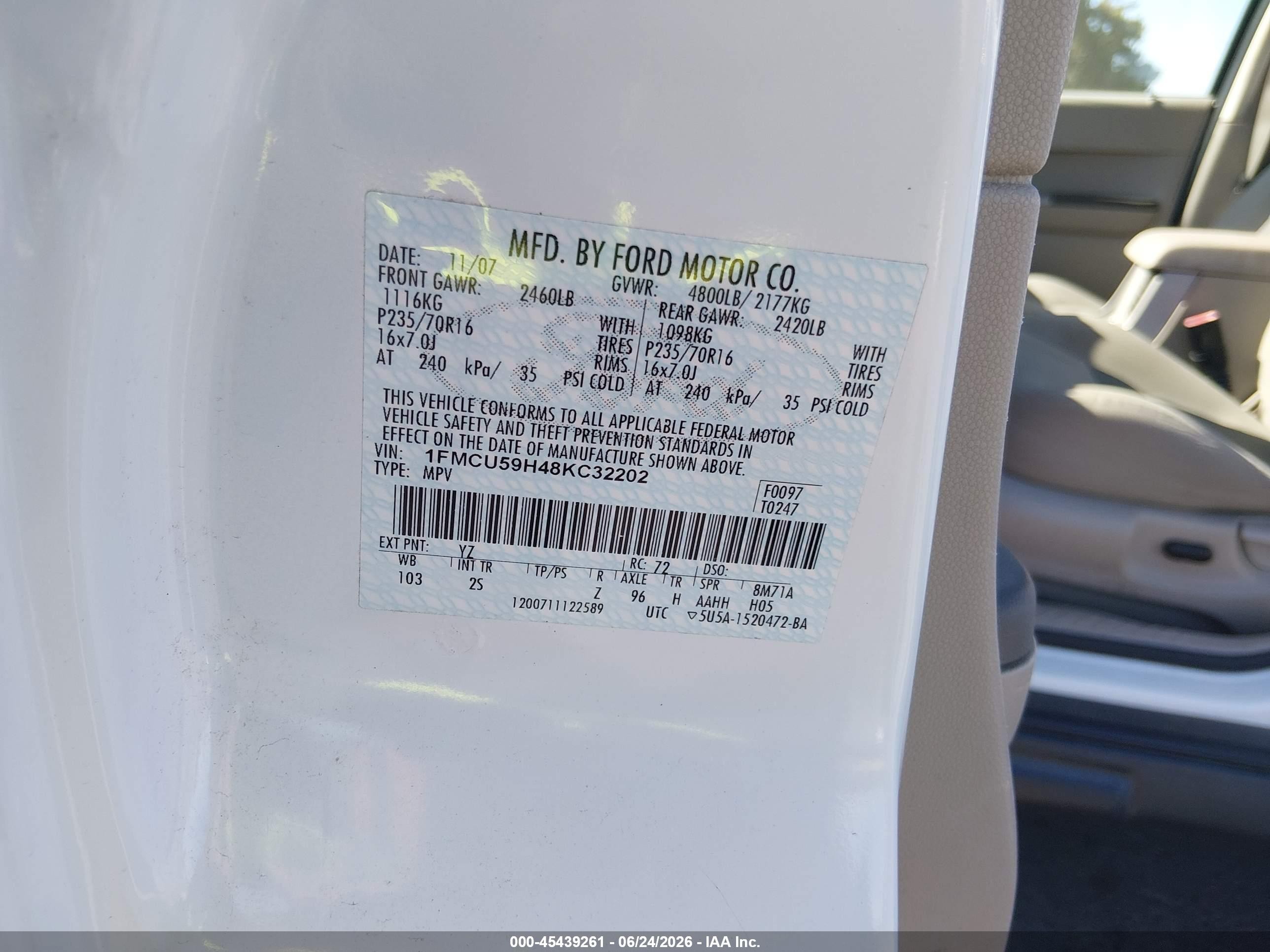 2008 Ford Escape Hybrid   White vin: 1FMCU59H48KC32202