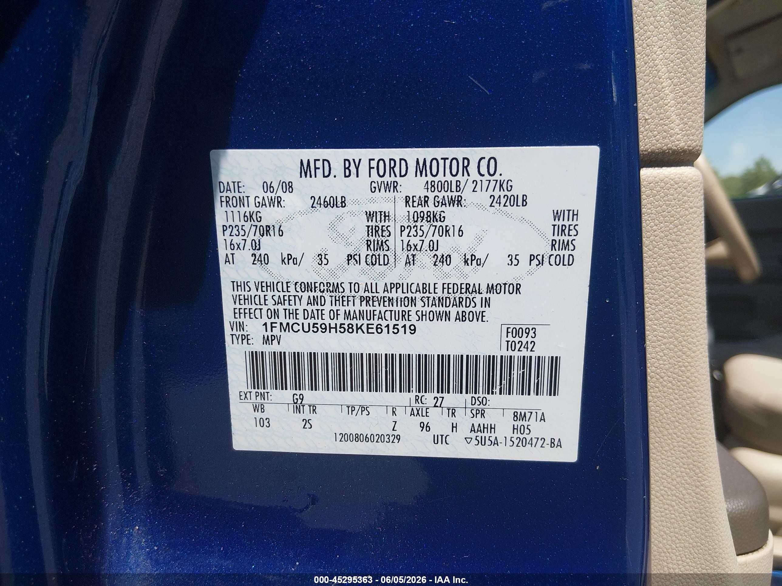 2008 Ford Escape Hybrid   Blue vin: 1FMCU59H58KE61519
