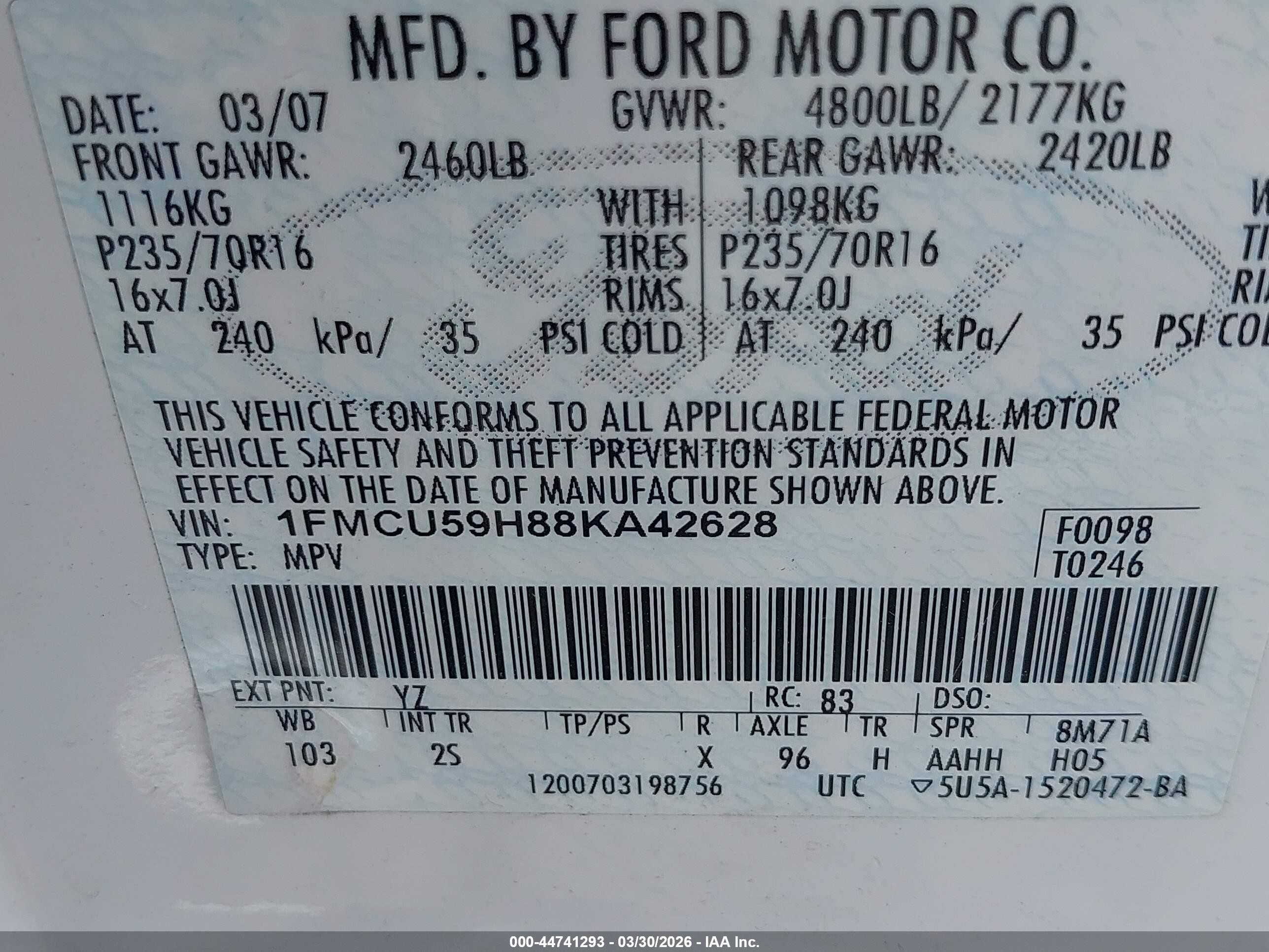 2008 Ford Escape Hybrid   White vin: 1FMCU59H88KA42628