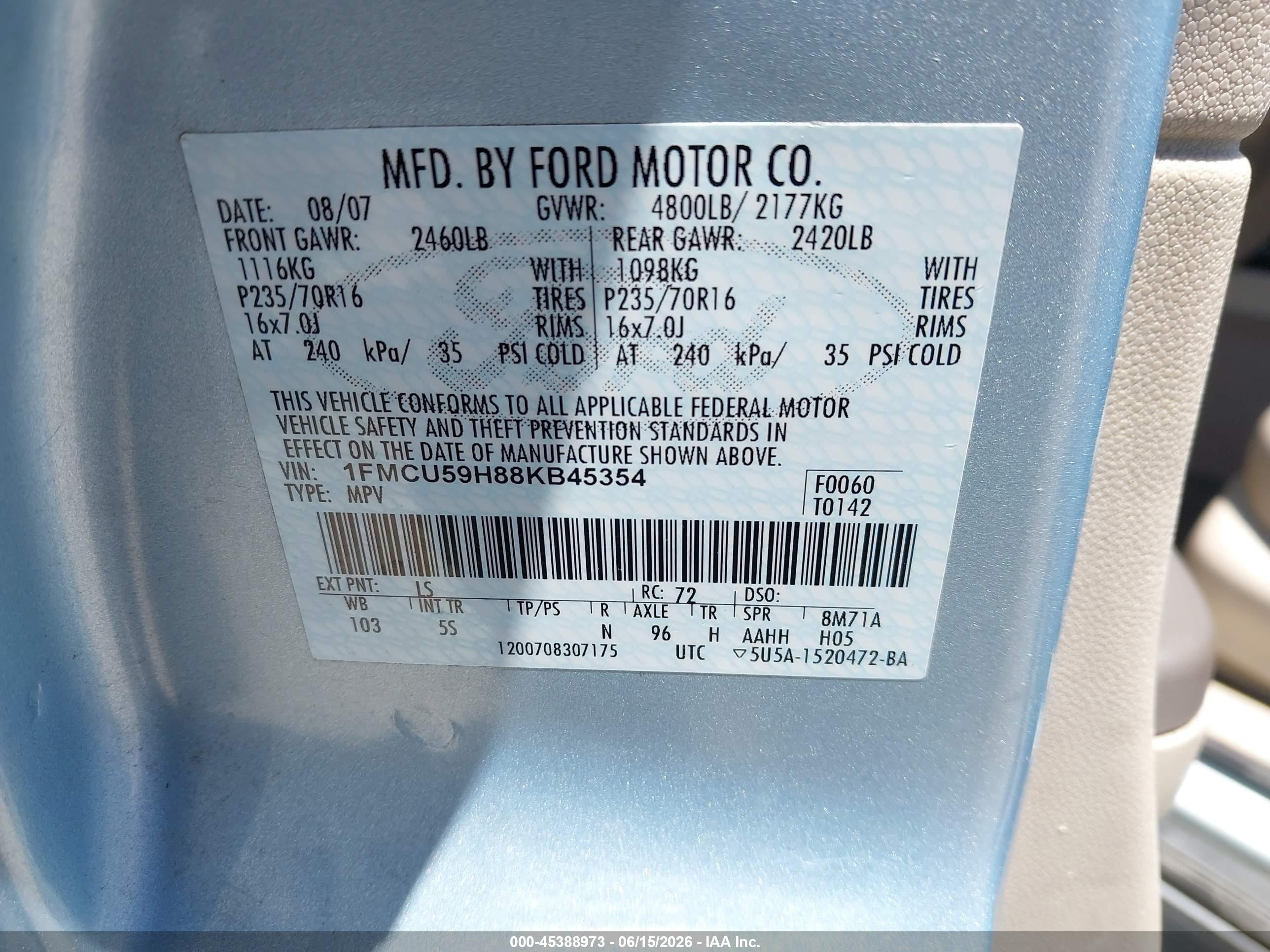 2008 Ford Escape Hybrid   Light Blue vin: 1FMCU59H88KB45354