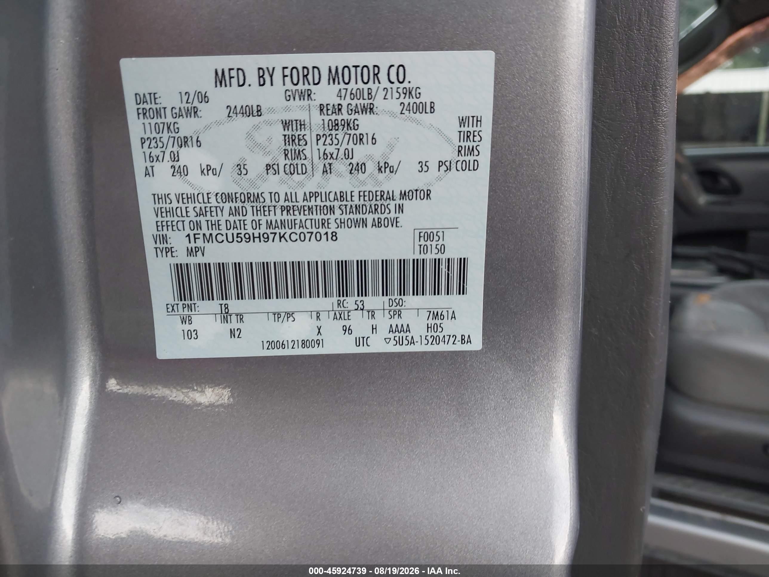 2007 Ford Escape Hybrid   Gray vin: 1FMCU59H97KC07018