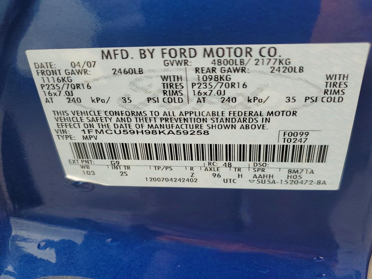 2008 Ford Escape Hev Blue vin: 1FMCU59H98KA59258
