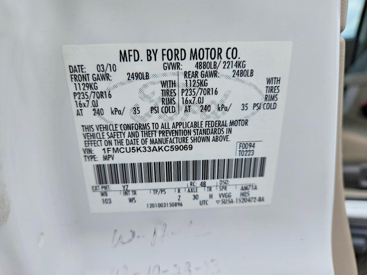 2010 Ford Escape Hybrid Белый vin: 1FMCU5K33AKC59069