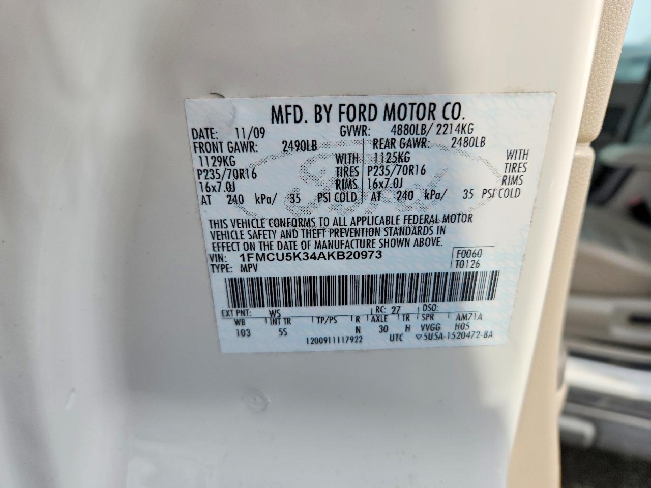 2010 Ford Escape Hybrid White vin: 1FMCU5K34AKB20973
