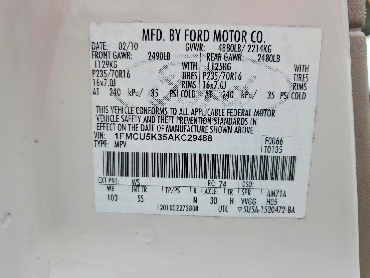 2010 Ford Escape Hybrid White vin: 1FMCU5K35AKC29488