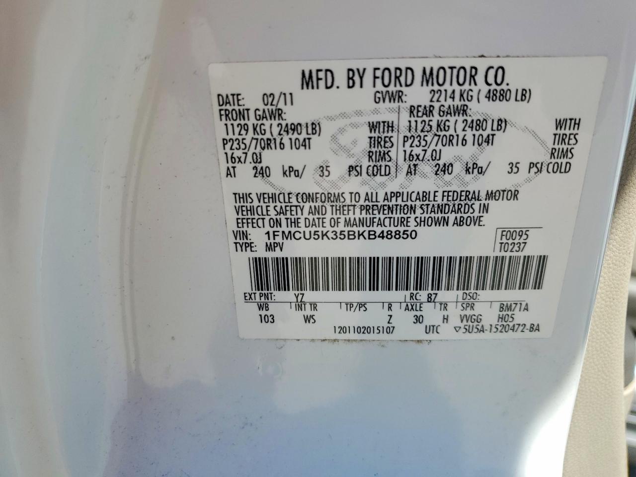 2011 Ford Escape Hybrid White vin: 1FMCU5K35BKB48850
