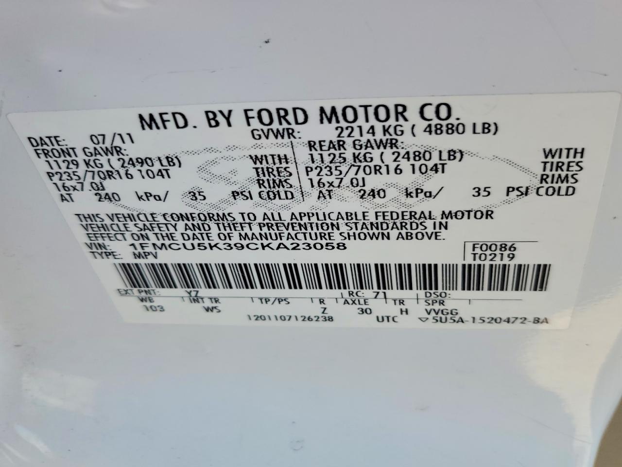 2012 Ford Escape Hybrid White vin: 1FMCU5K39CKA23058