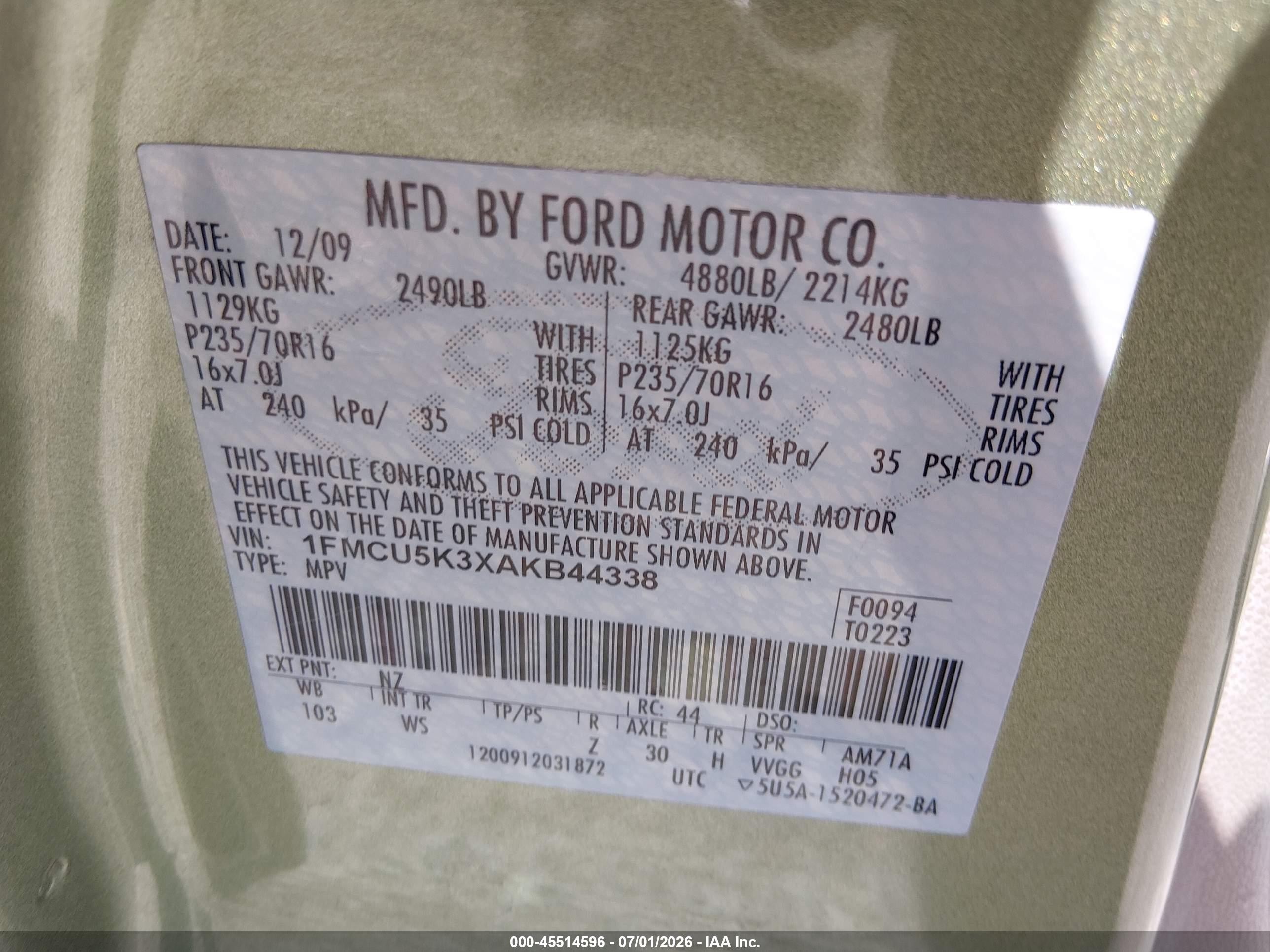 2010 Ford Escape Hybrid Limited Green vin: 1FMCU5K3XAKB44338