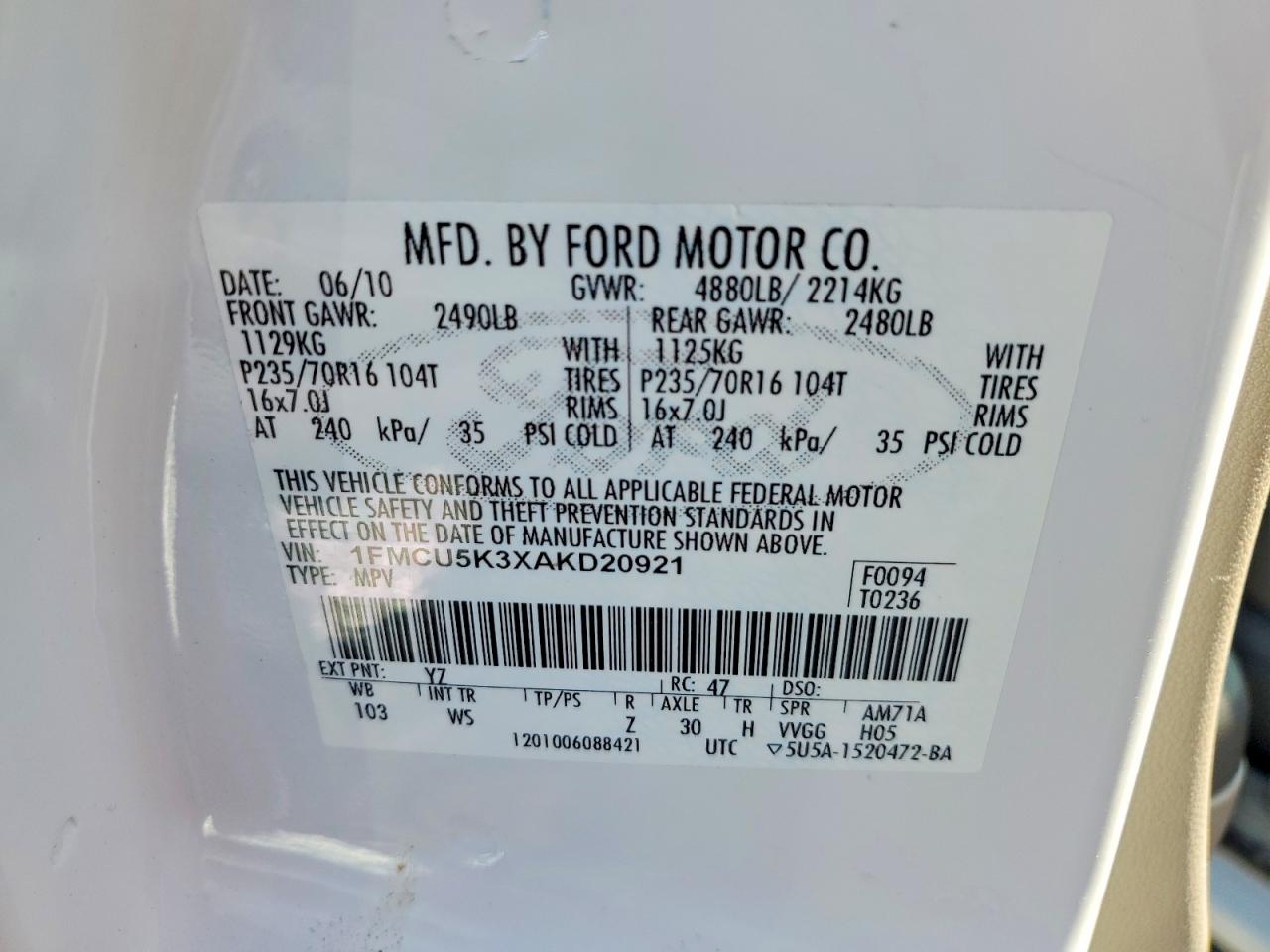 2010 Ford Escape Hybrid White vin: 1FMCU5K3XAKD20921