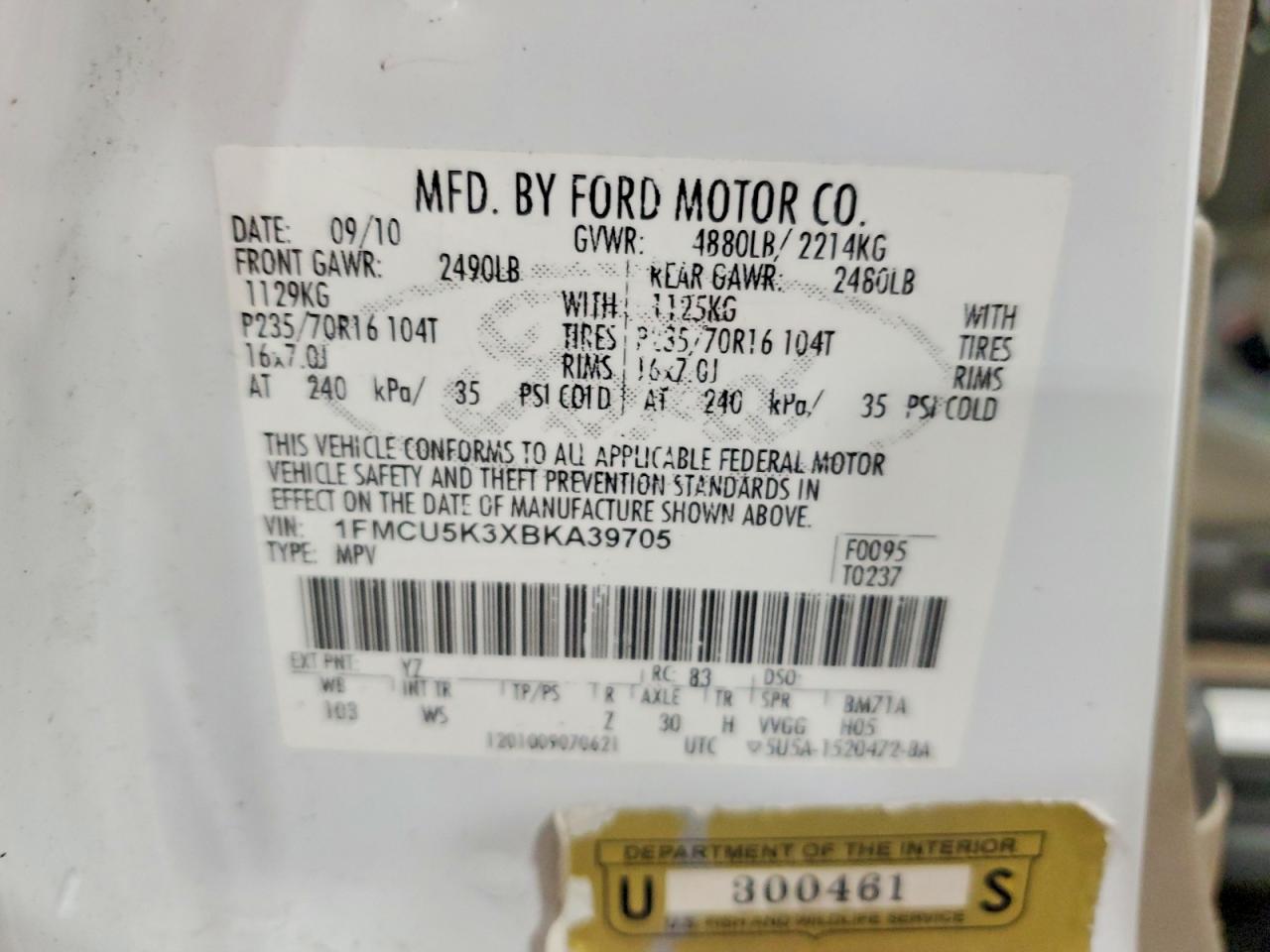 2011 Ford Escape Hybrid White vin: 1FMCU5K3XBKA39705