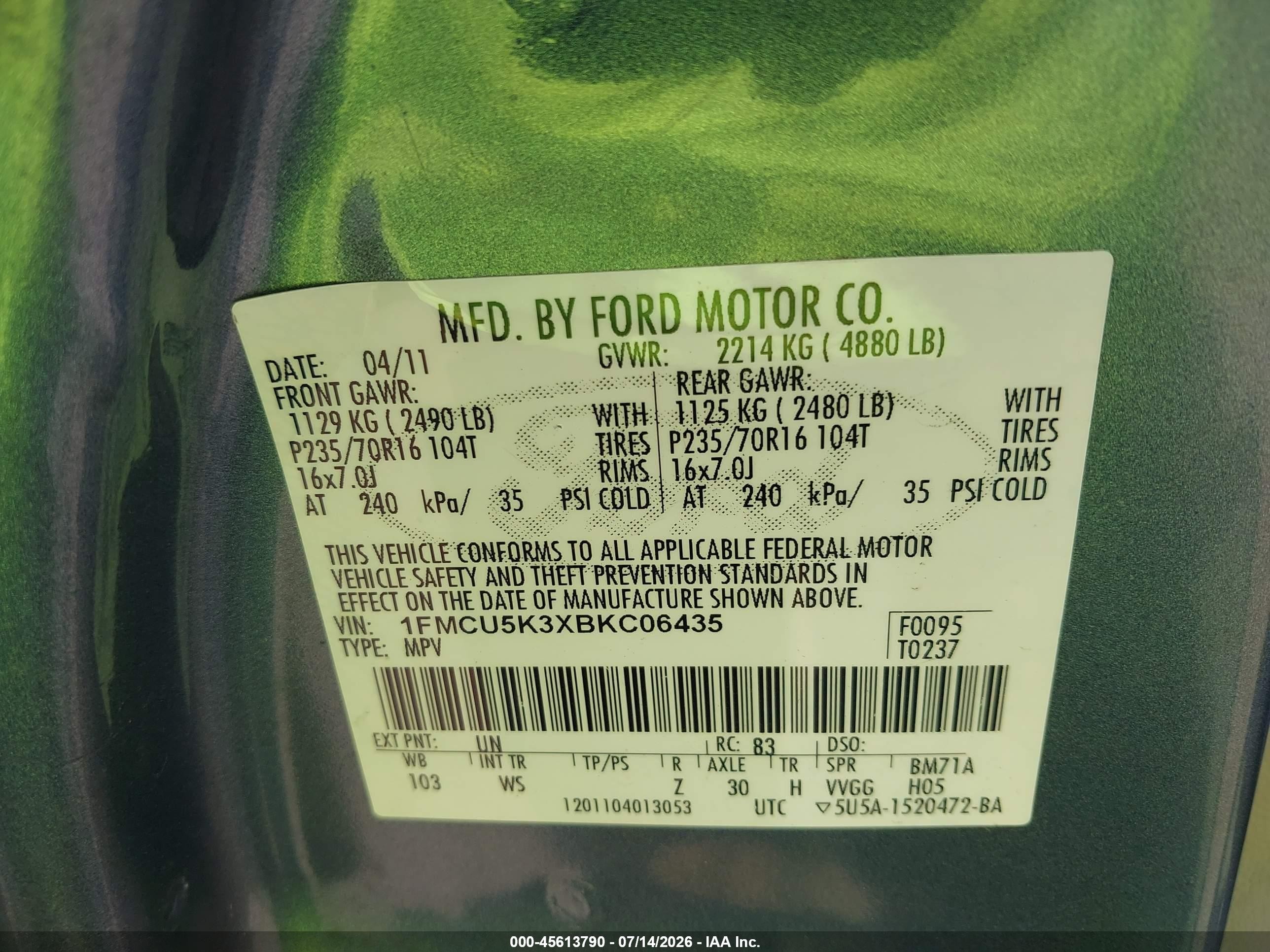 2011 Ford Escape Hybrid   Light Blue vin: 1FMCU5K3XBKC06435