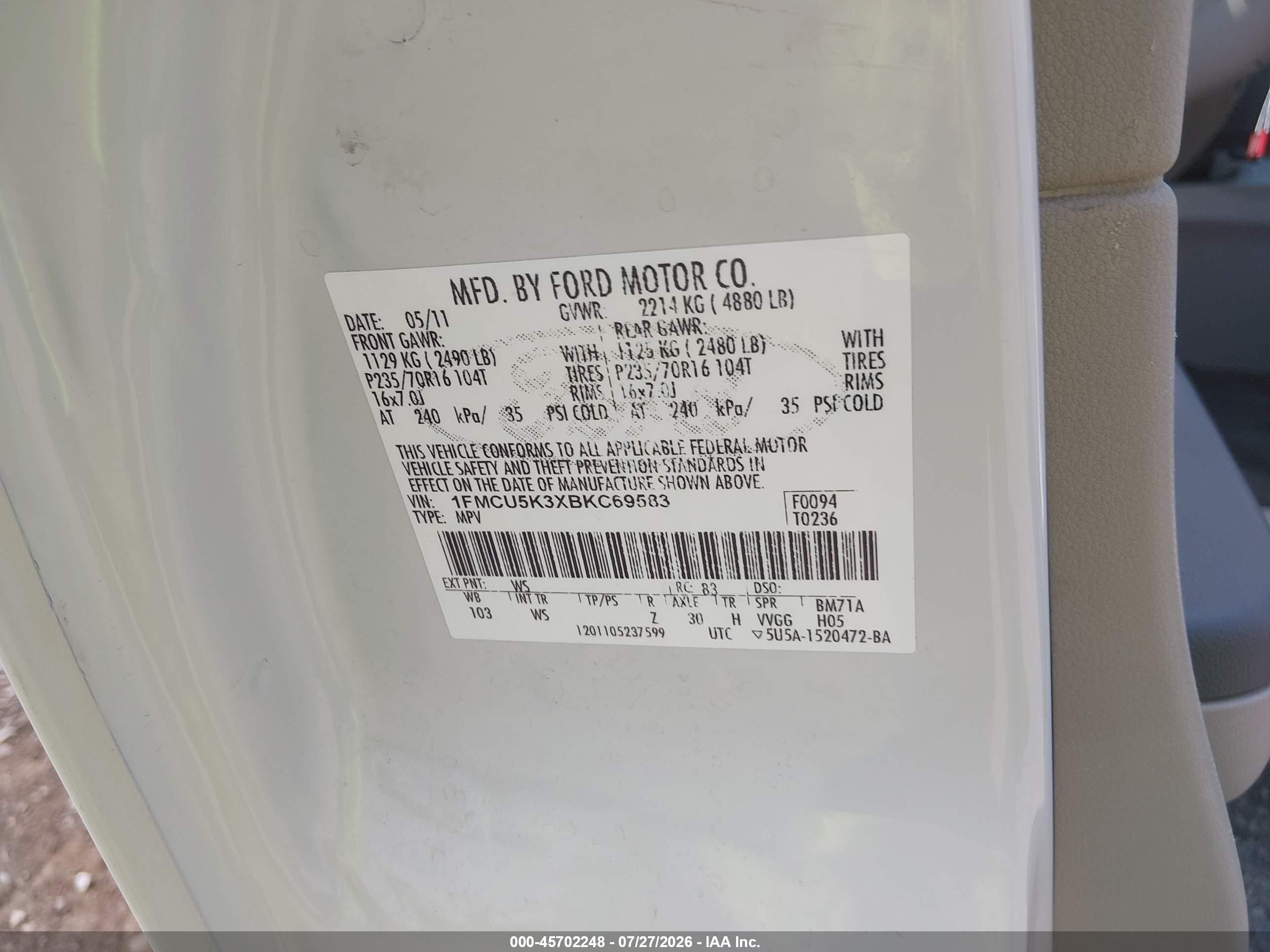 2011 Ford Escape Hybrid   White vin: 1FMCU5K3XBKC69583