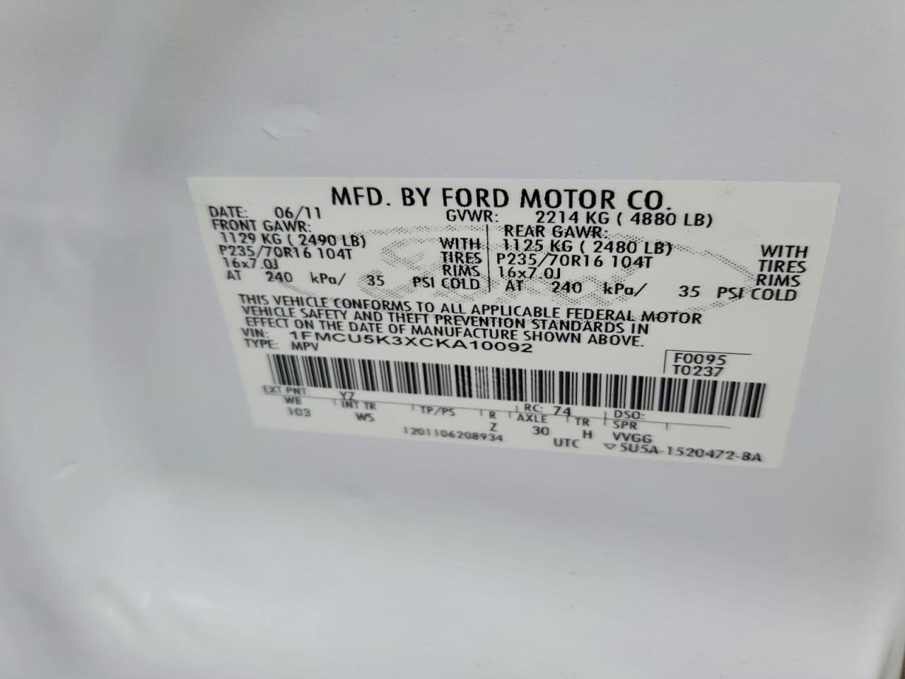 2012 Ford Escape White vin: 1FMCU5K3XCKA10092