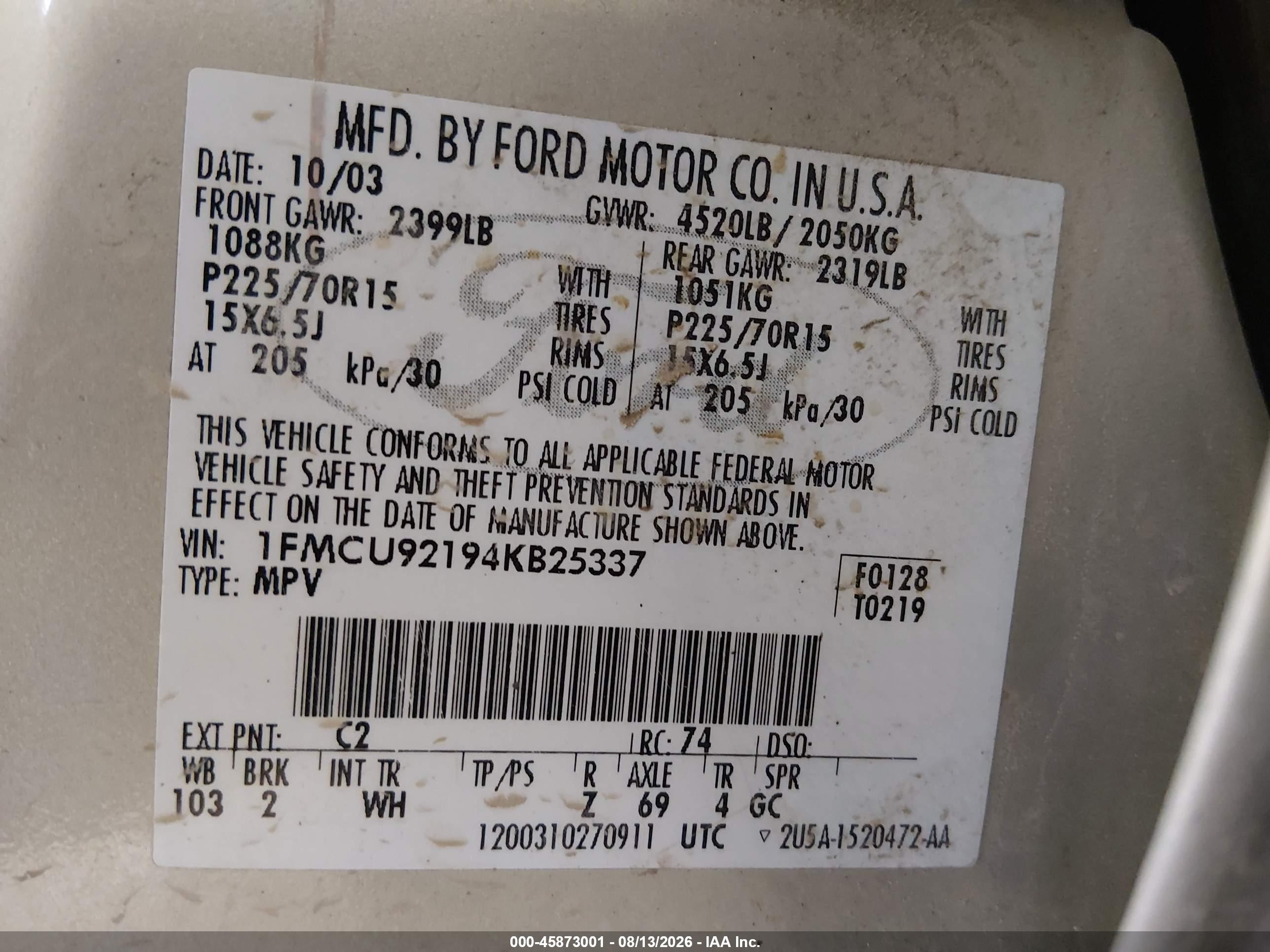 2004 Ford Escape Xls Gold vin: 1FMCU92194KB25337