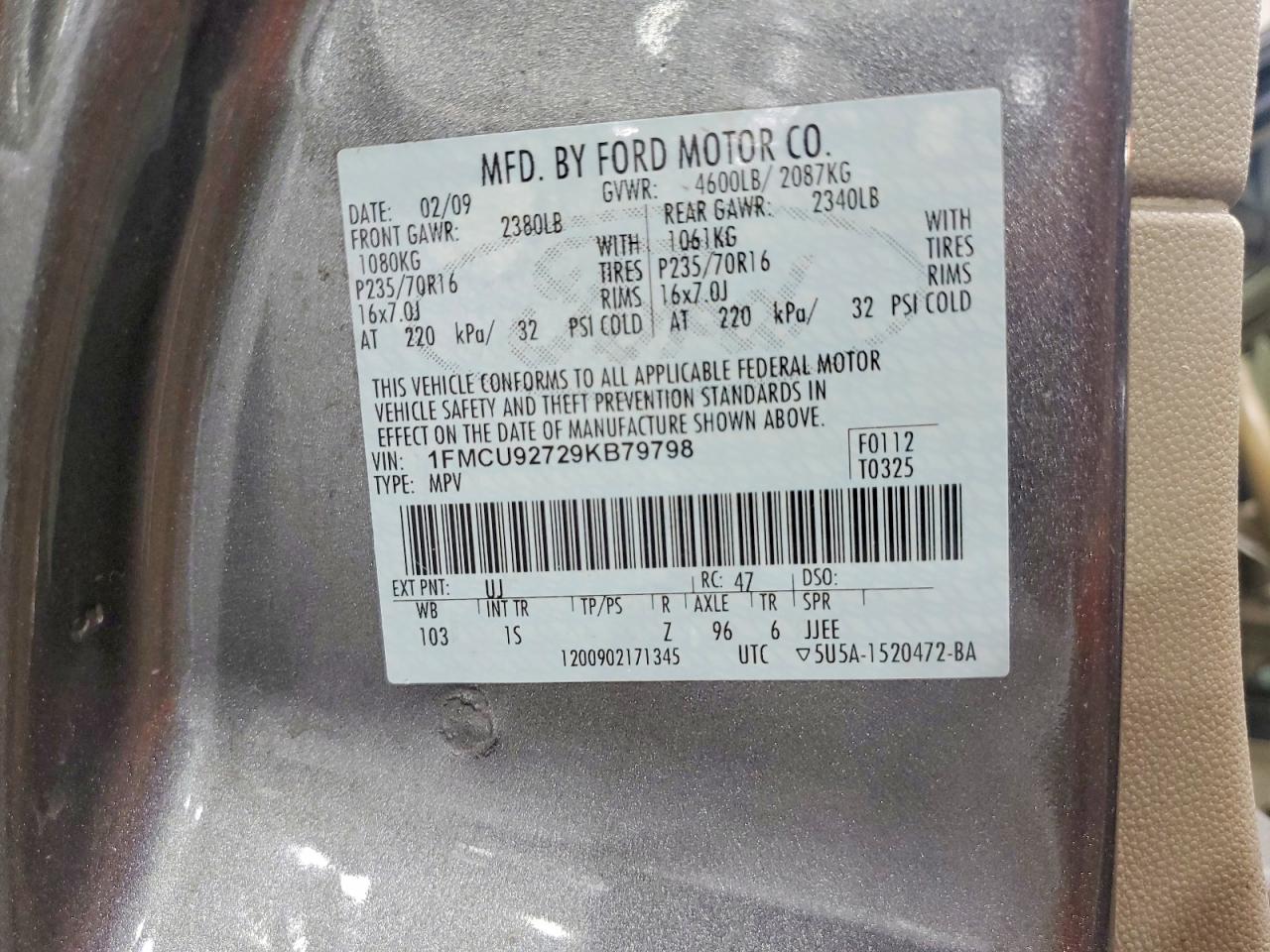 2009 Ford Escape Xls Gray vin: 1FMCU92729KB79798