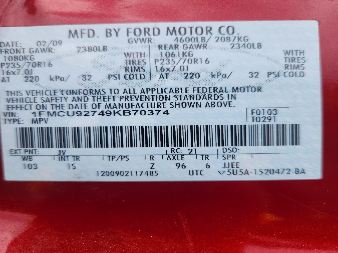 2009 Ford Escape Xls Red vin: 1FMCU92749KB70374