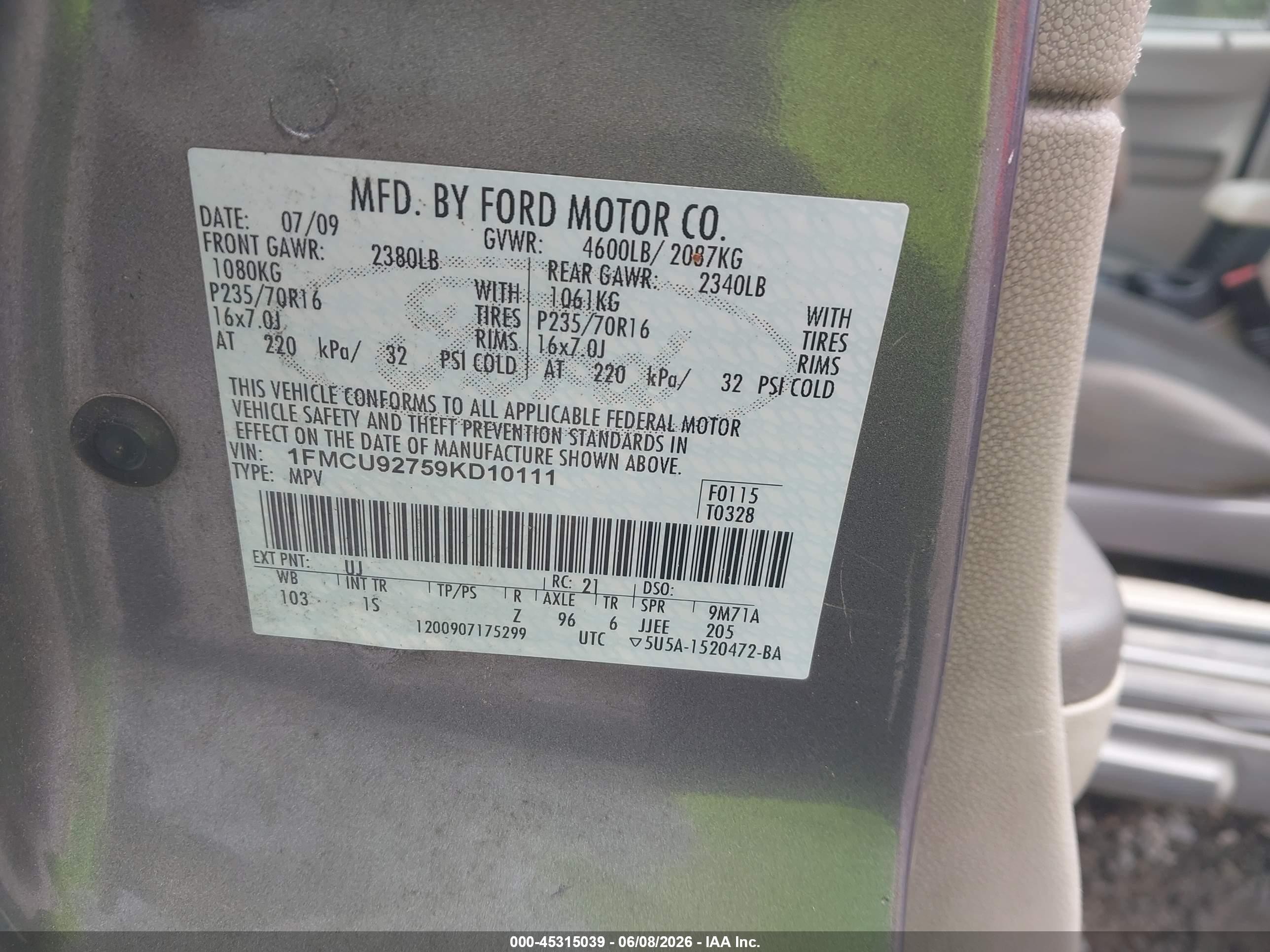 2009 Ford Escape Xls Gray vin: 1FMCU92759KD10111