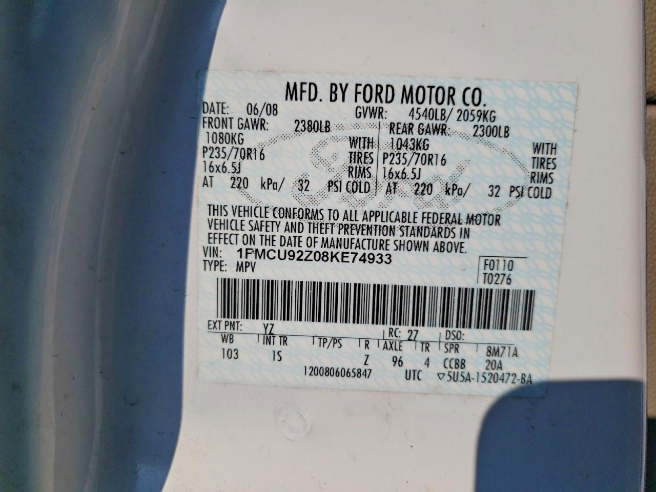2008 Ford Escape Xls Белый vin: 1FMCU92Z08KE74933
