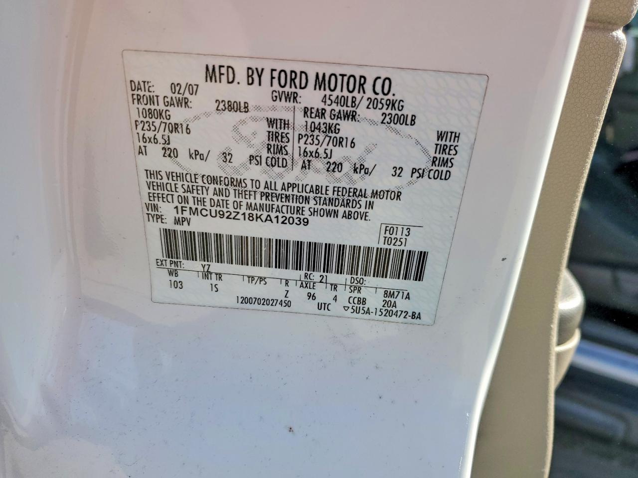 2008 Ford Escape Xls White vin: 1FMCU92Z18KA12039