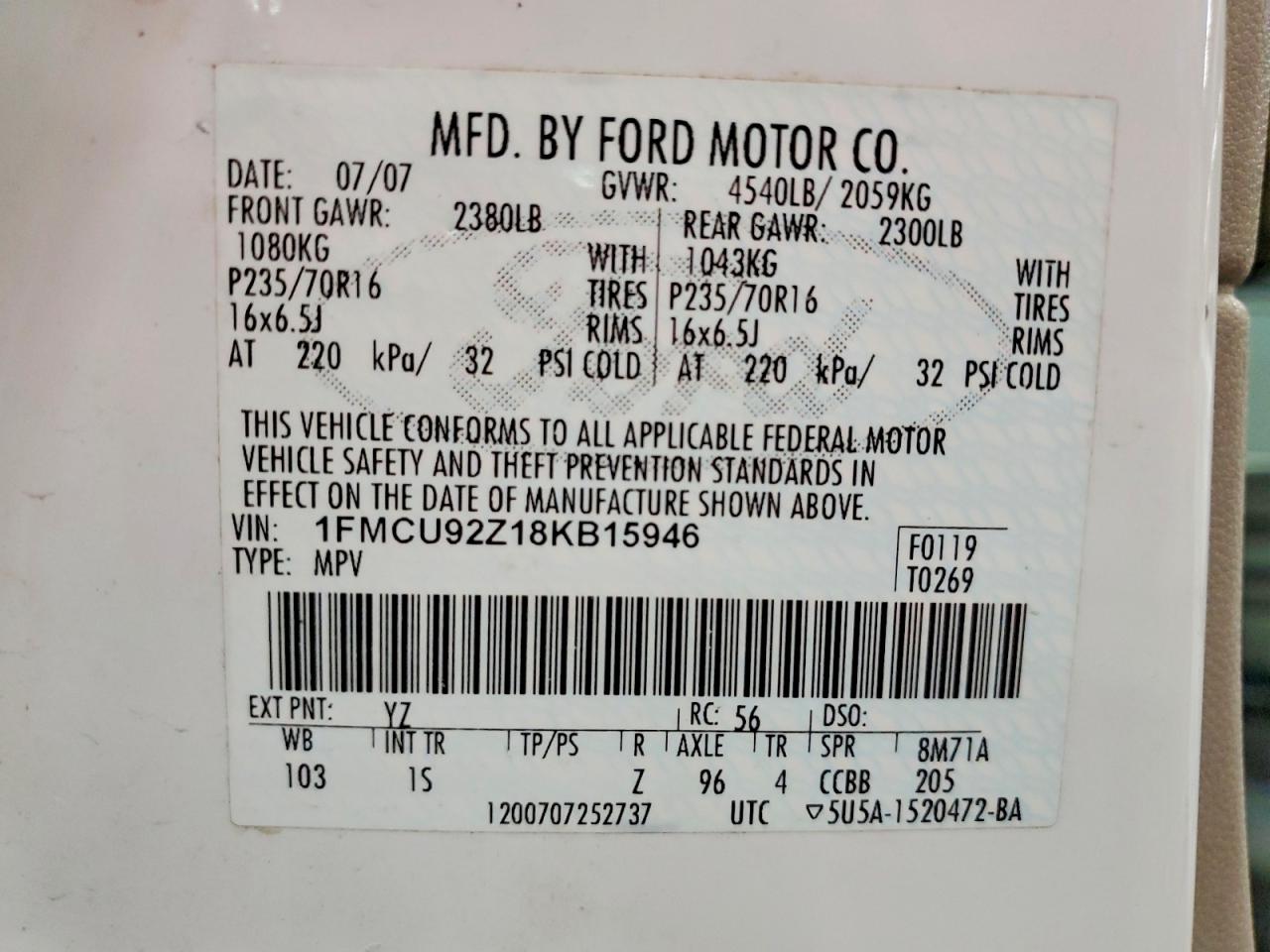 2008 Ford Escape Xls White vin: 1FMCU92Z18KB15946