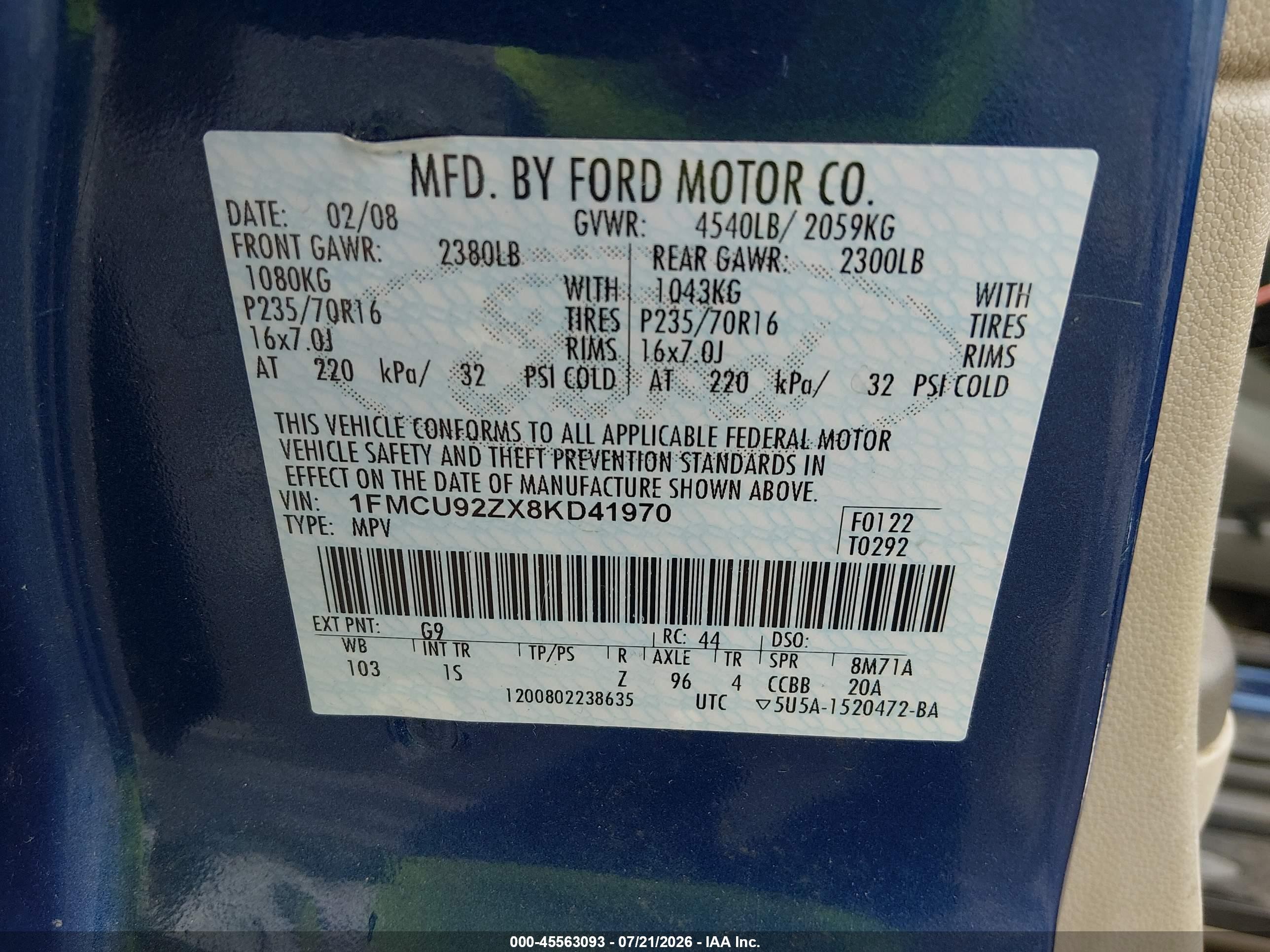 2008 Ford Escape Xls Blue vin: 1FMCU92ZX8KD41970