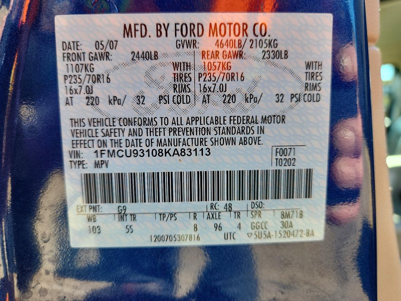 2008 Ford Escape Xlt Blue vin: 1FMCU93108KA83113
