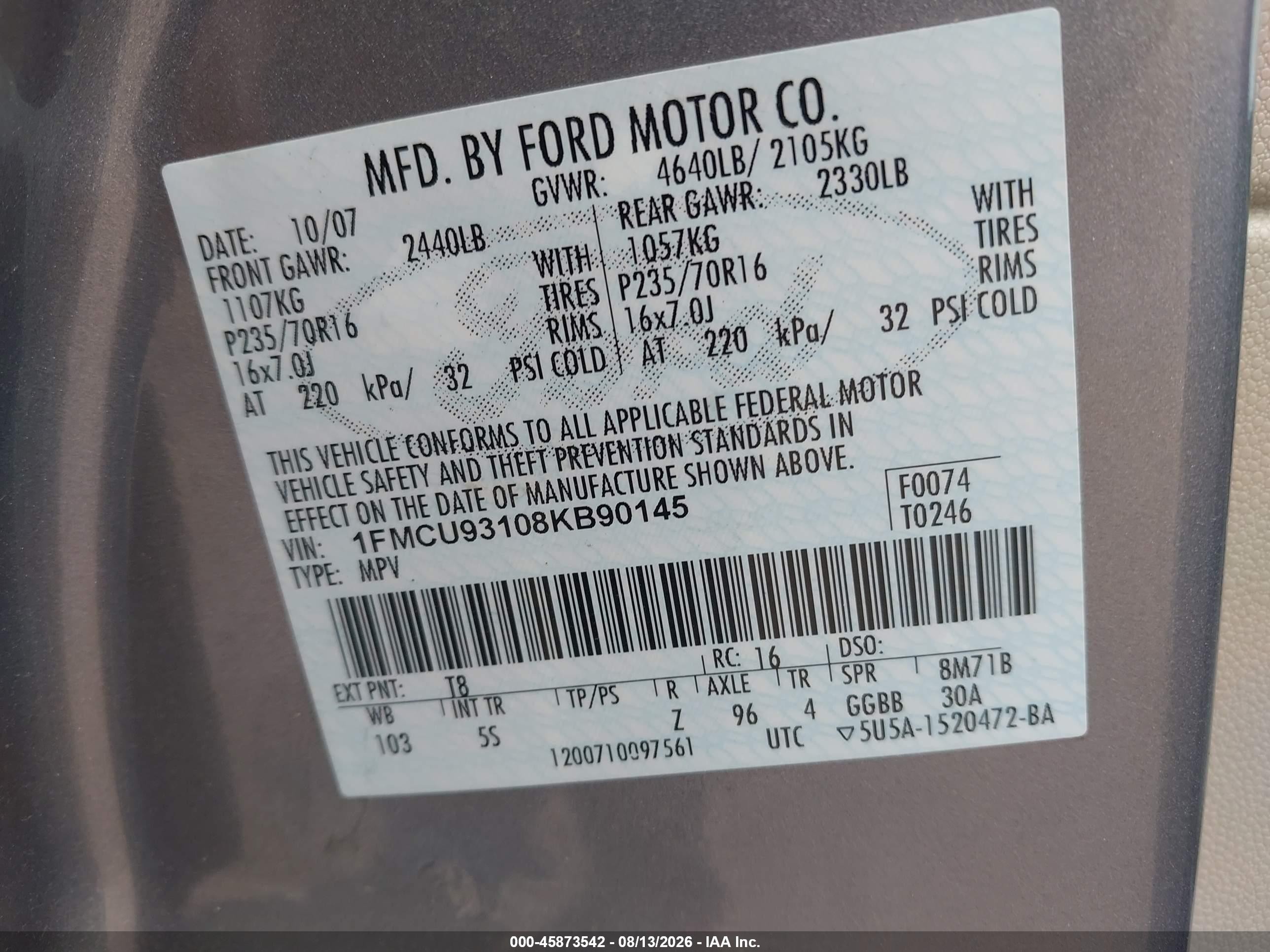 2008 Ford Escape Xlt Серый vin: 1FMCU93108KB90145