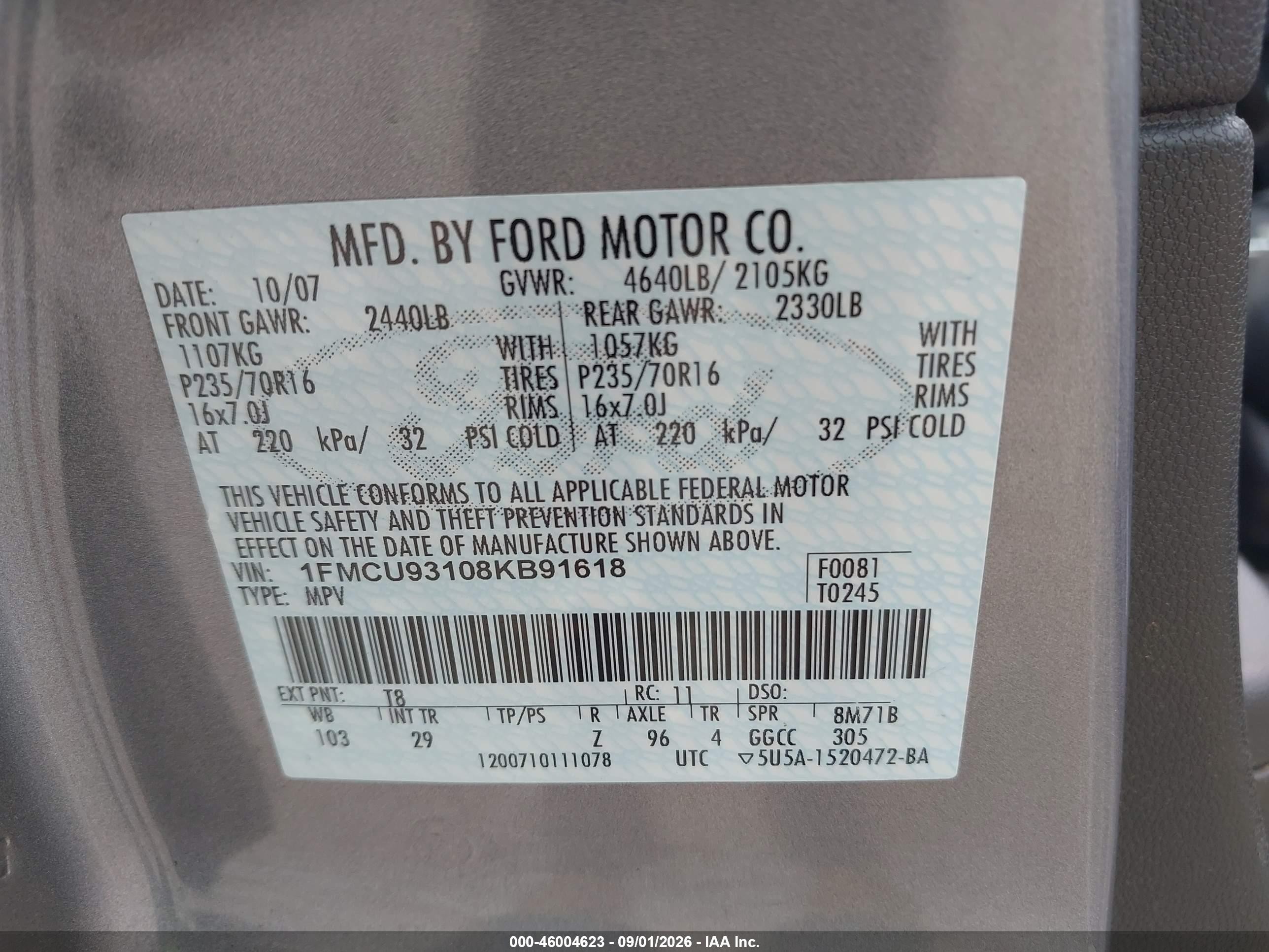 2008 Ford Escape Xlt Gray vin: 1FMCU93108KB91618