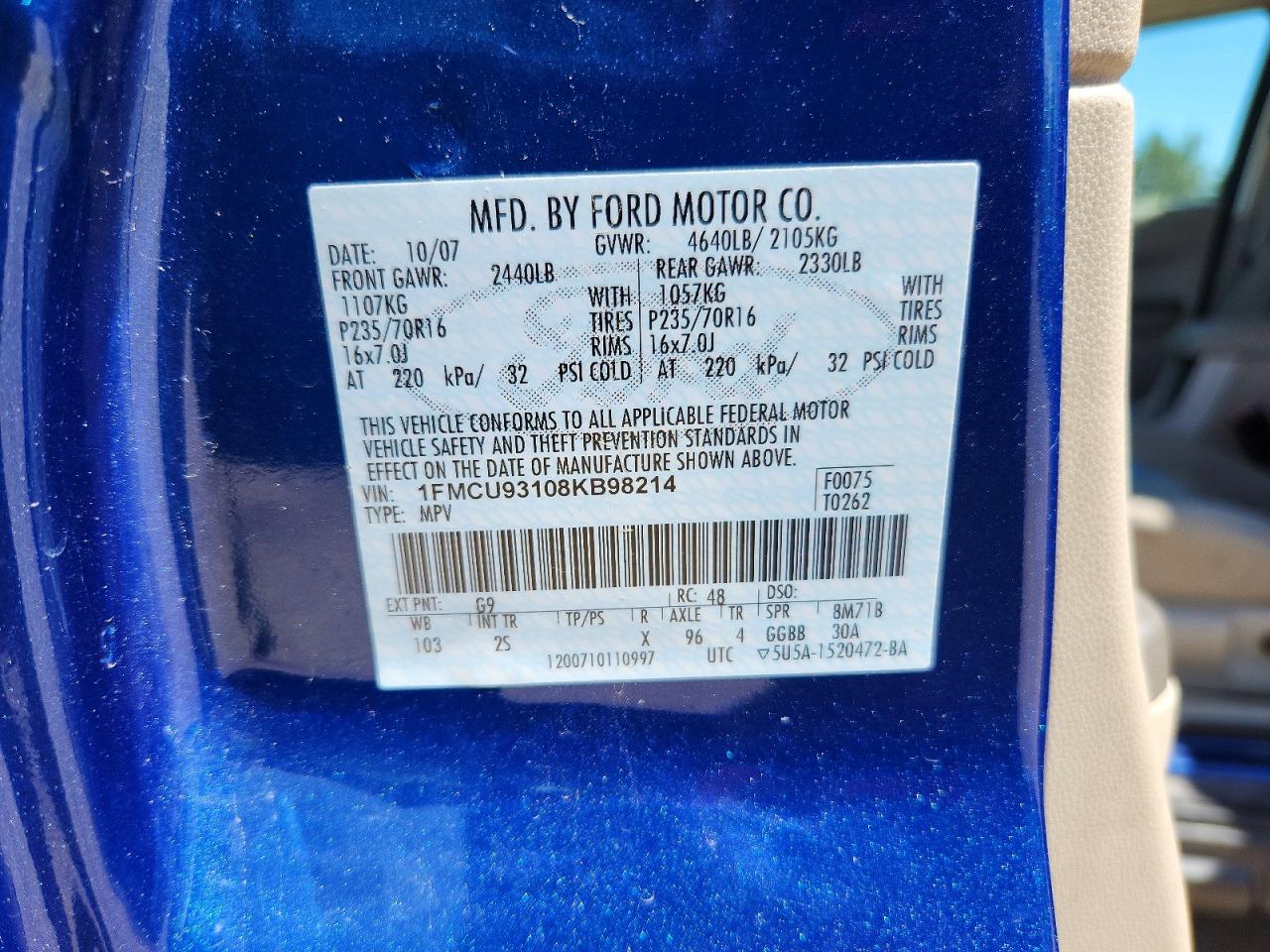 2008 Ford Escape Xlt Blue vin: 1FMCU93108KB98214