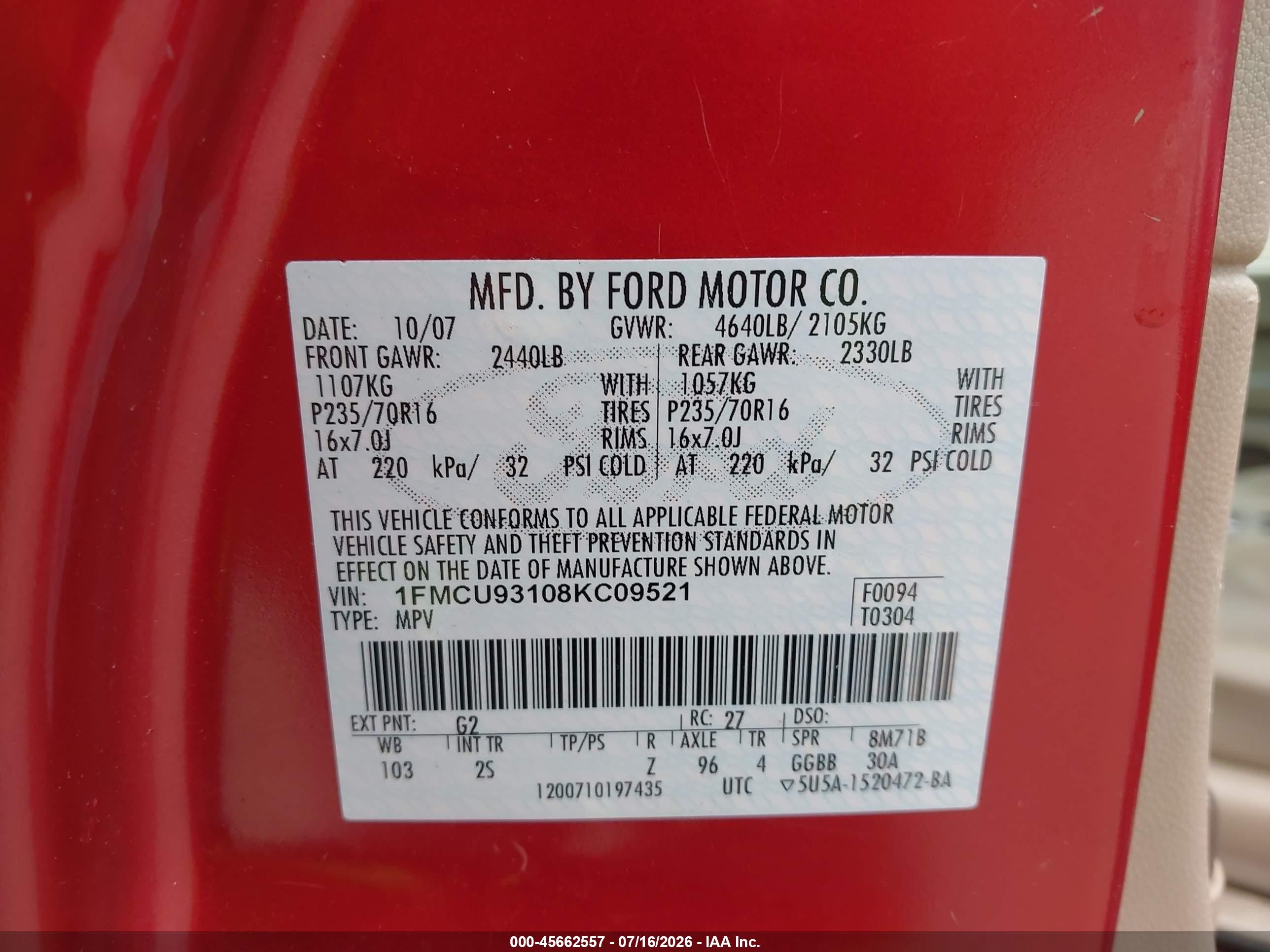 2008 Ford Escape Xlt Red vin: 1FMCU93108KC09521