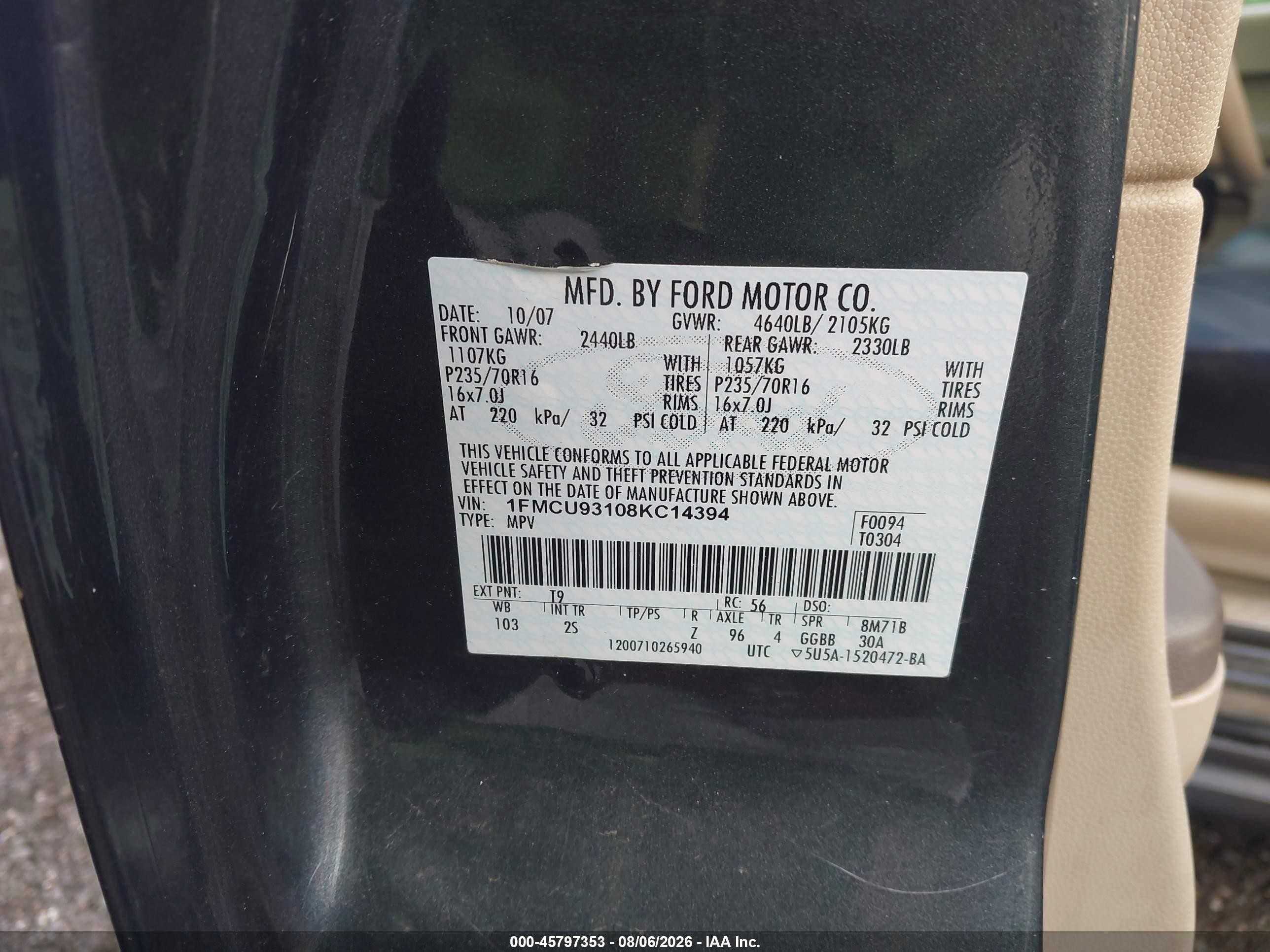 2008 Ford Escape Xlt Gray vin: 1FMCU93108KC14394