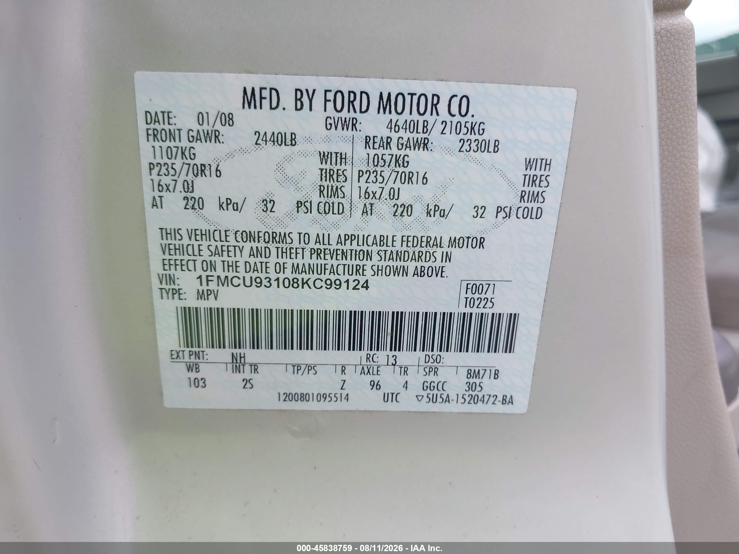 2008 Ford Escape Xlt White vin: 1FMCU93108KC99124