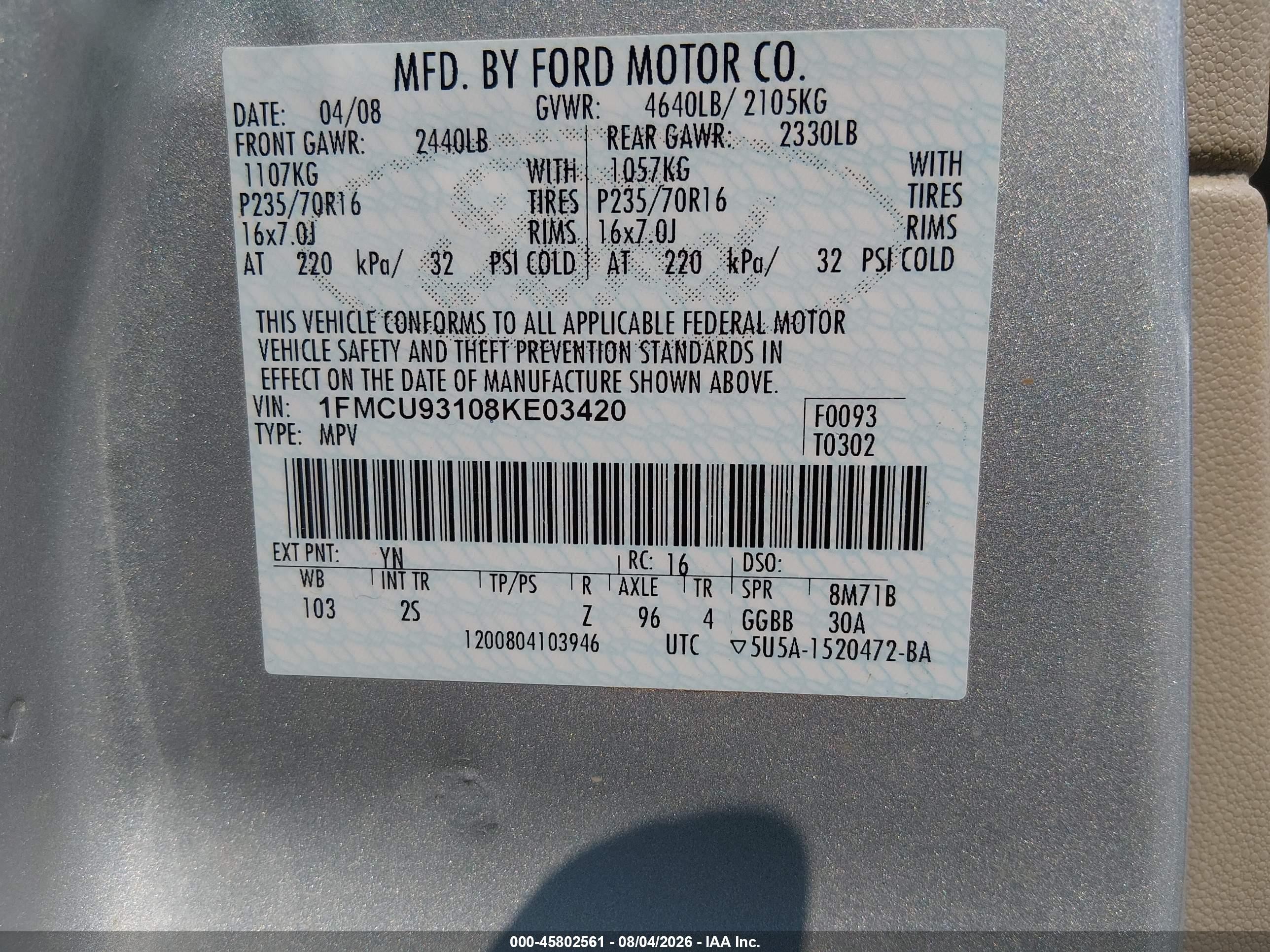 2008 Ford Escape Xlt Silver vin: 1FMCU93108KE03420