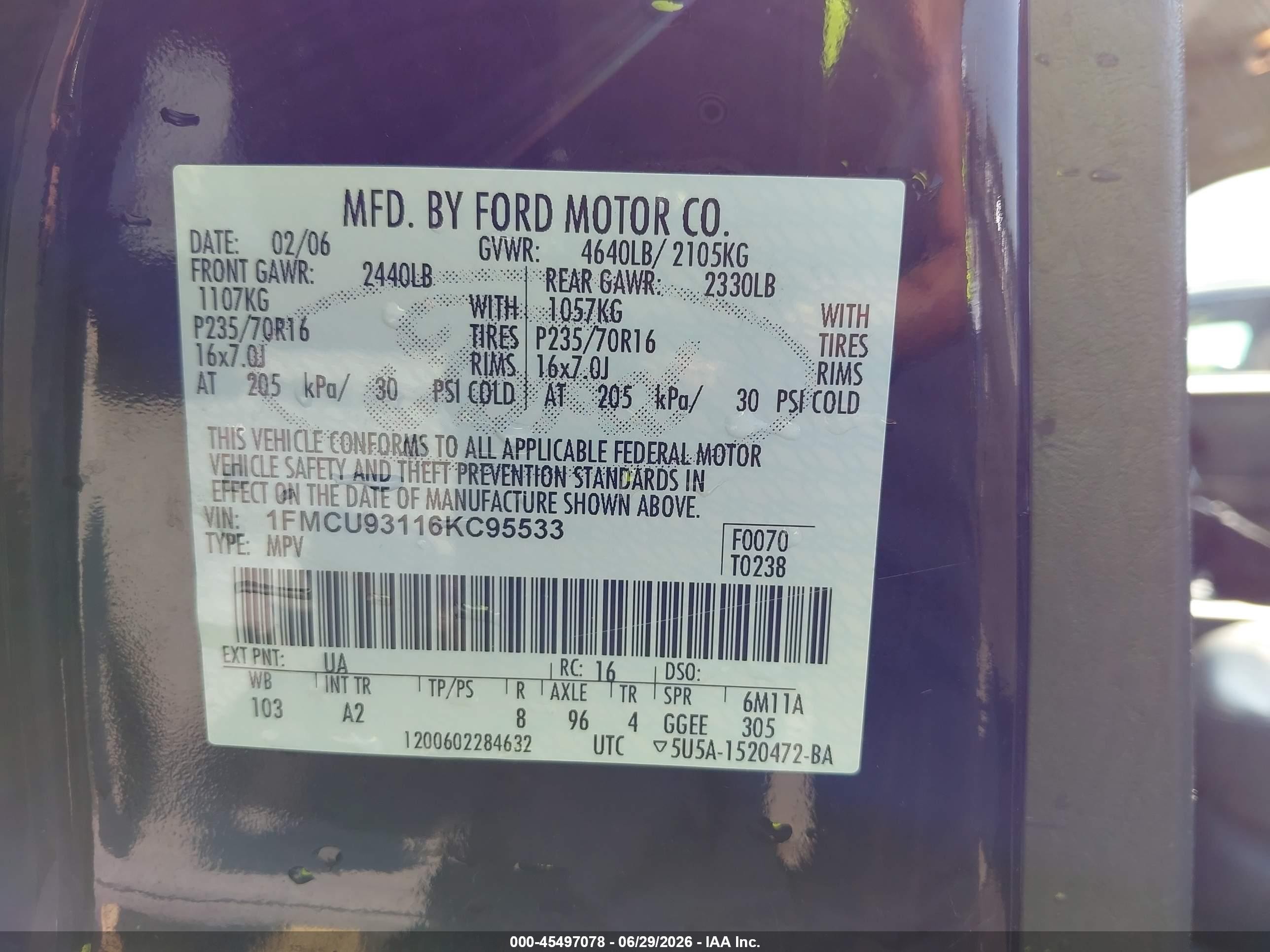 2006 Ford Escape Xlt/xlt Sport Black vin: 1FMCU93116KC95533