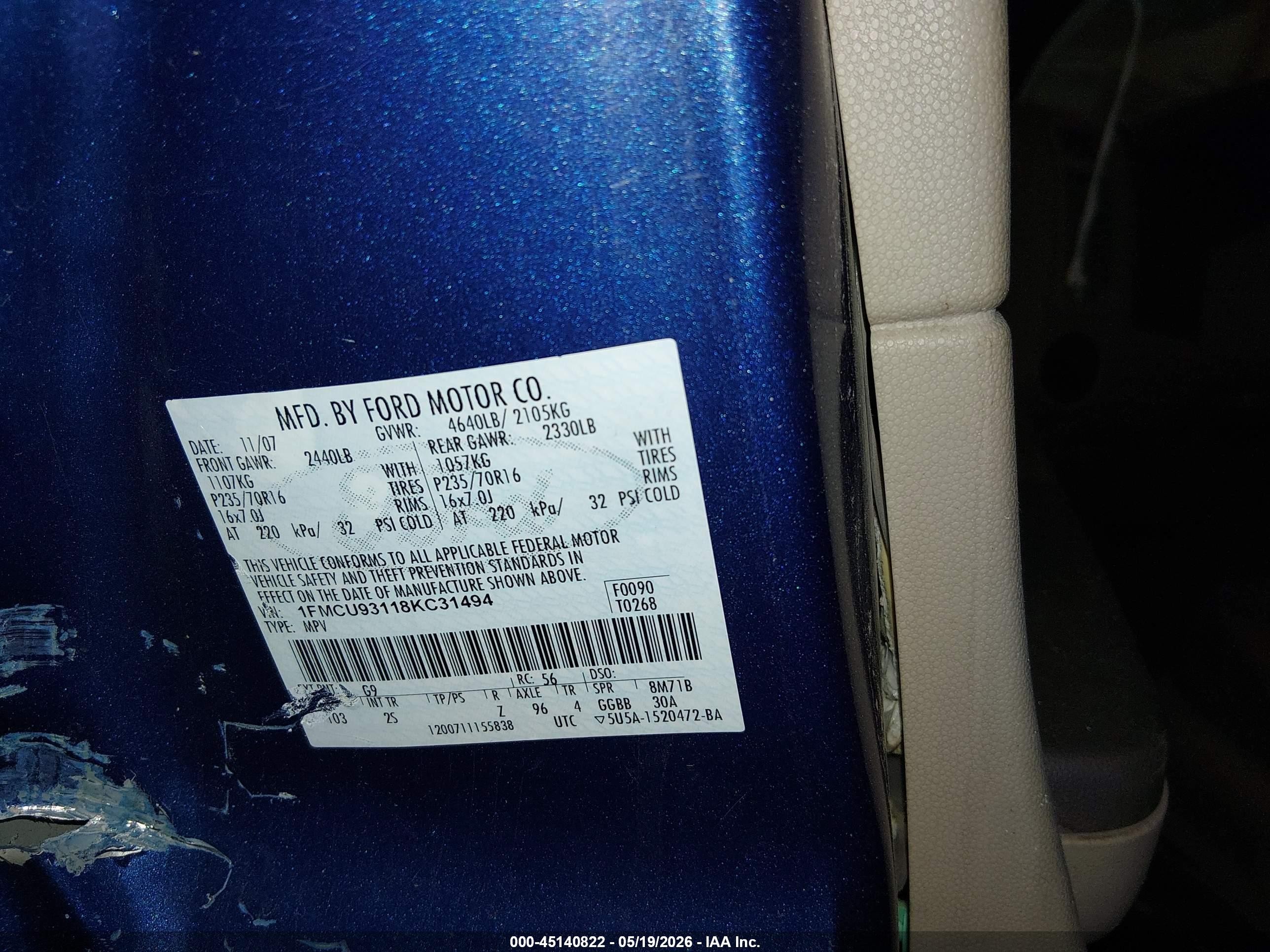 2008 Ford Escape Xlt Blue vin: 1FMCU93118KC31494