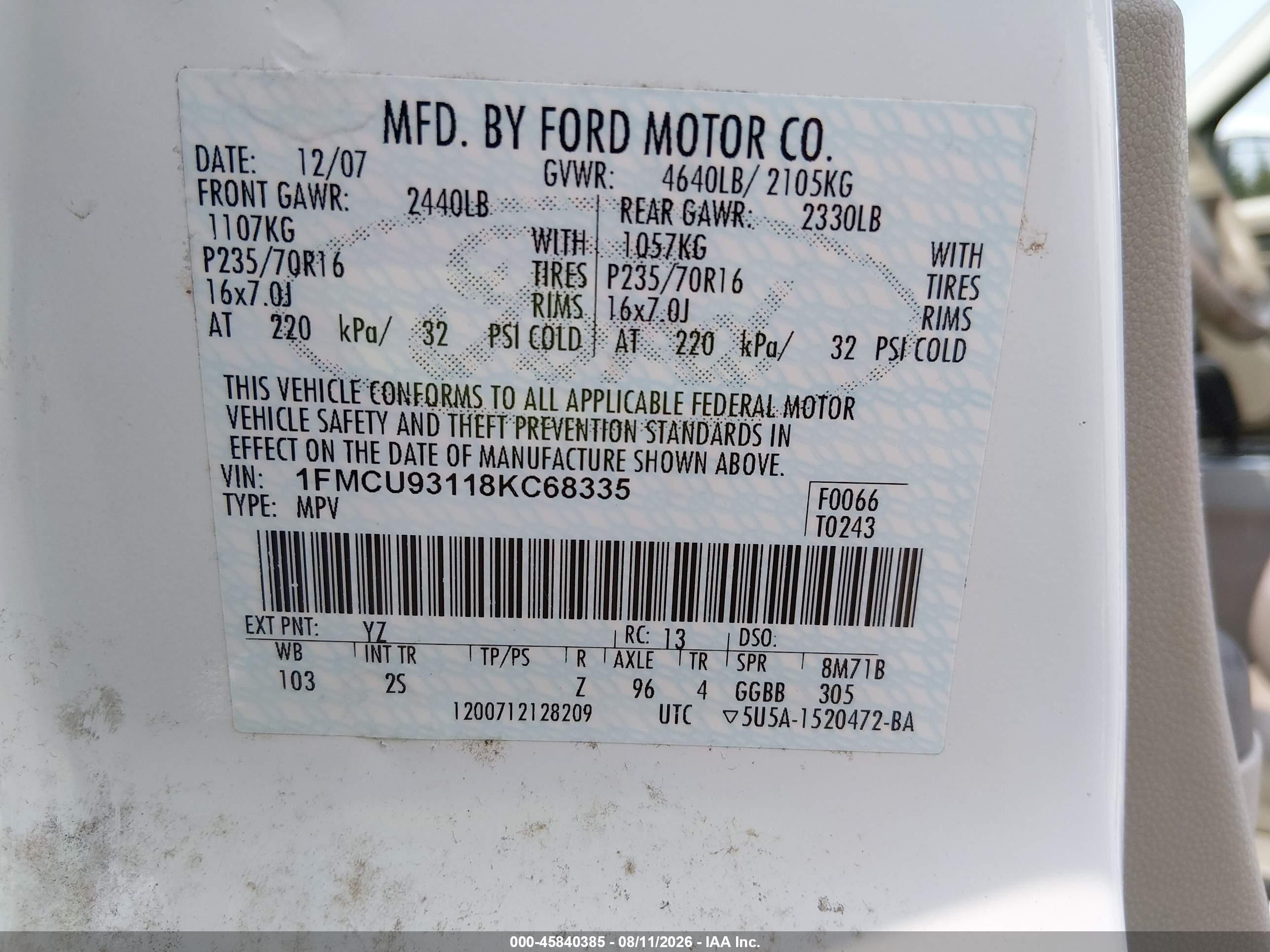2008 Ford Escape Xlt White vin: 1FMCU93118KC68335