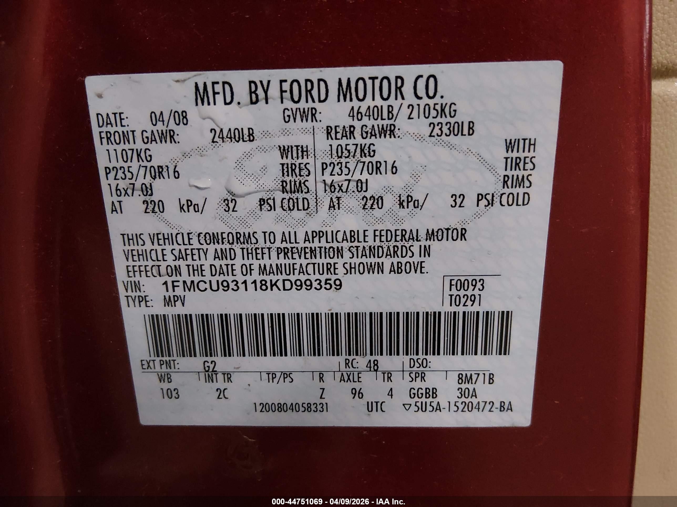 2008 Ford Escape Xlt Red vin: 1FMCU93118KD99359