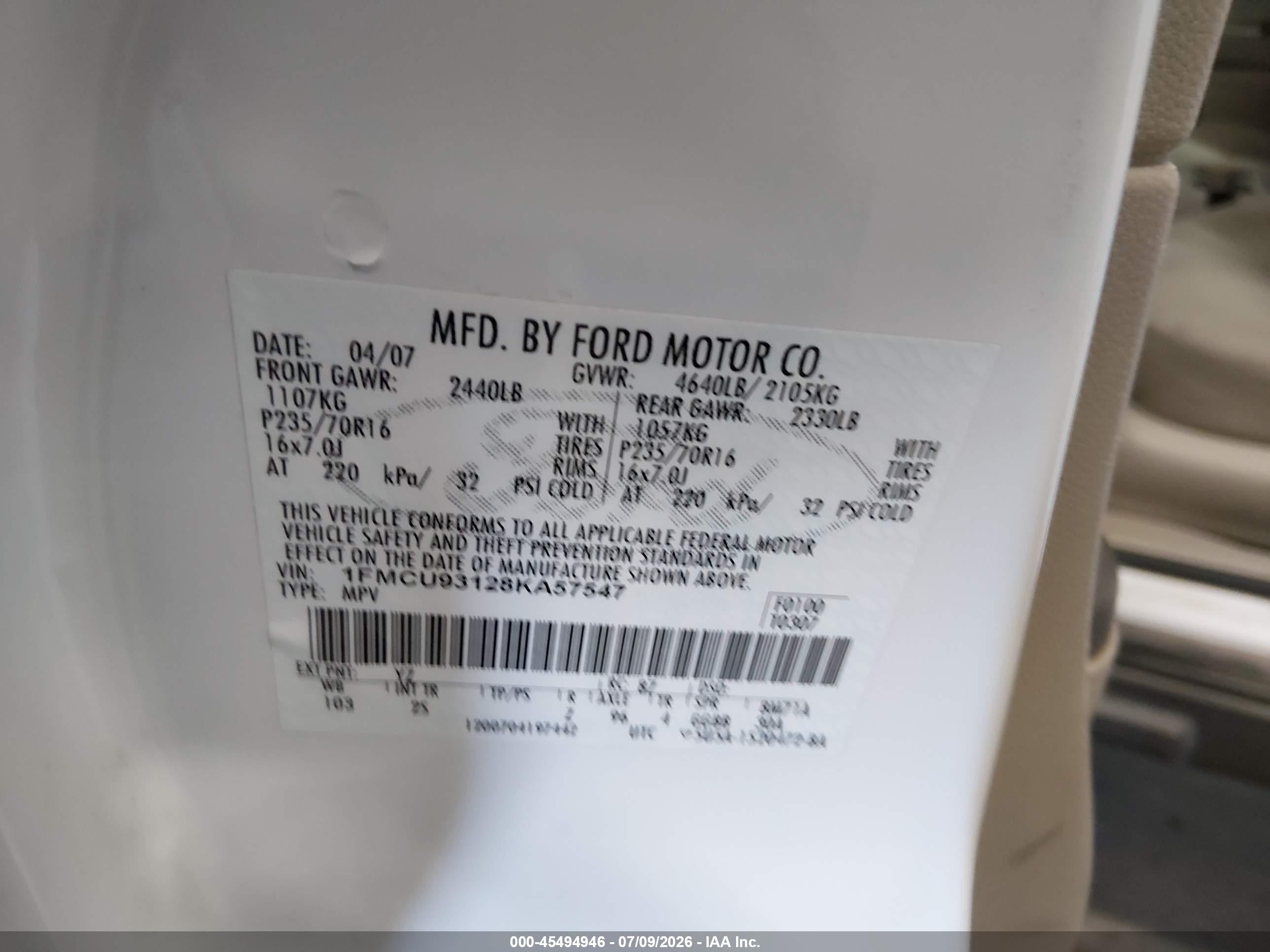 2008 Ford Escape Xlt White vin: 1FMCU93128KA57547