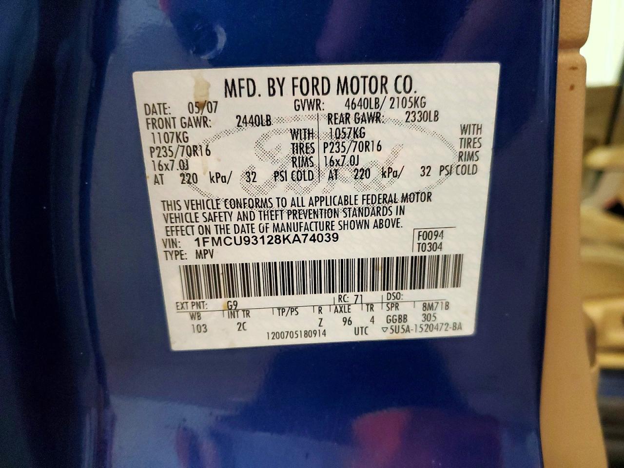2008 Ford Escape Xlt Blue vin: 1FMCU93128KA74039