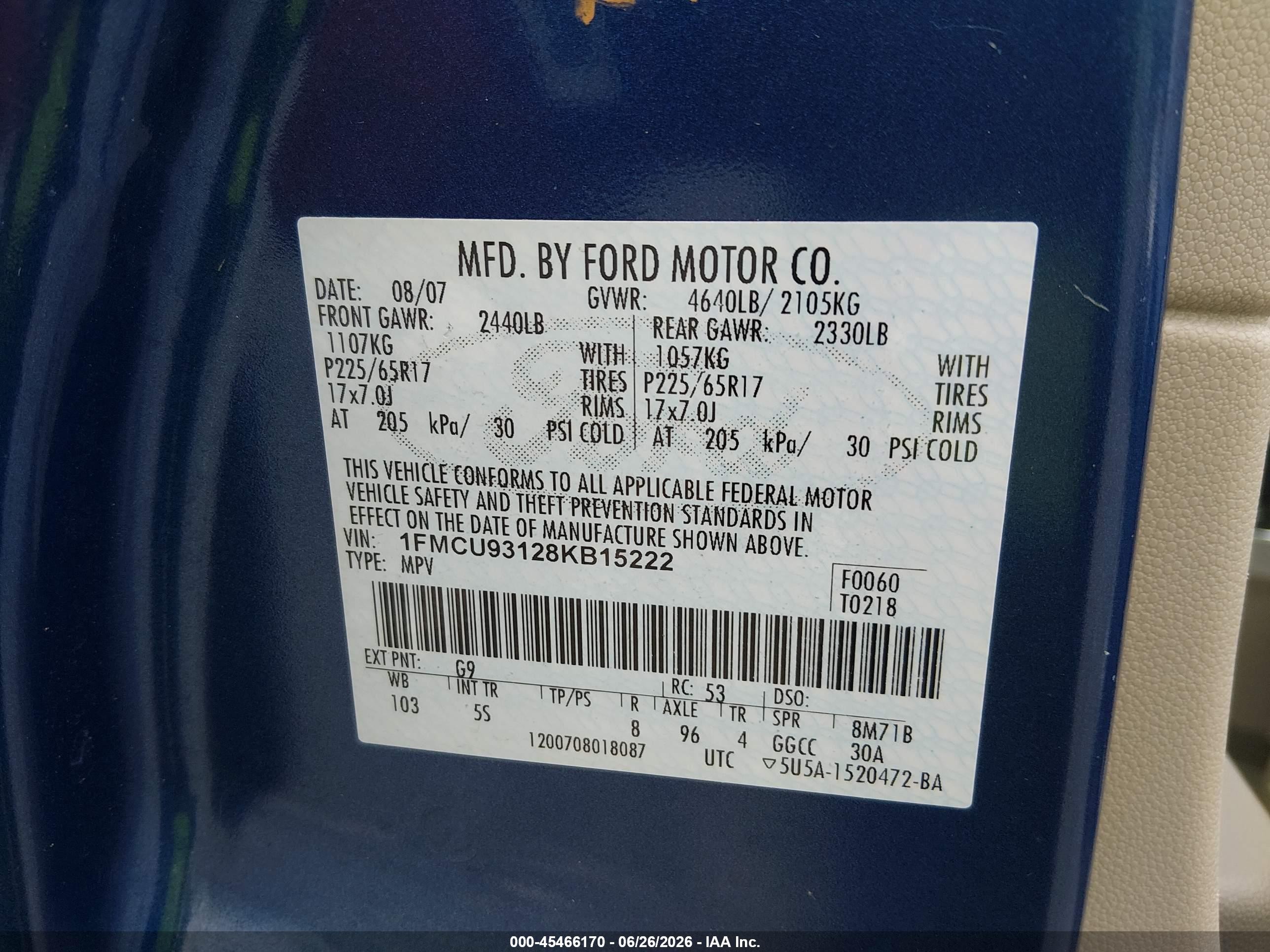 2008 Ford Escape Xlt Blue vin: 1FMCU93128KB15222