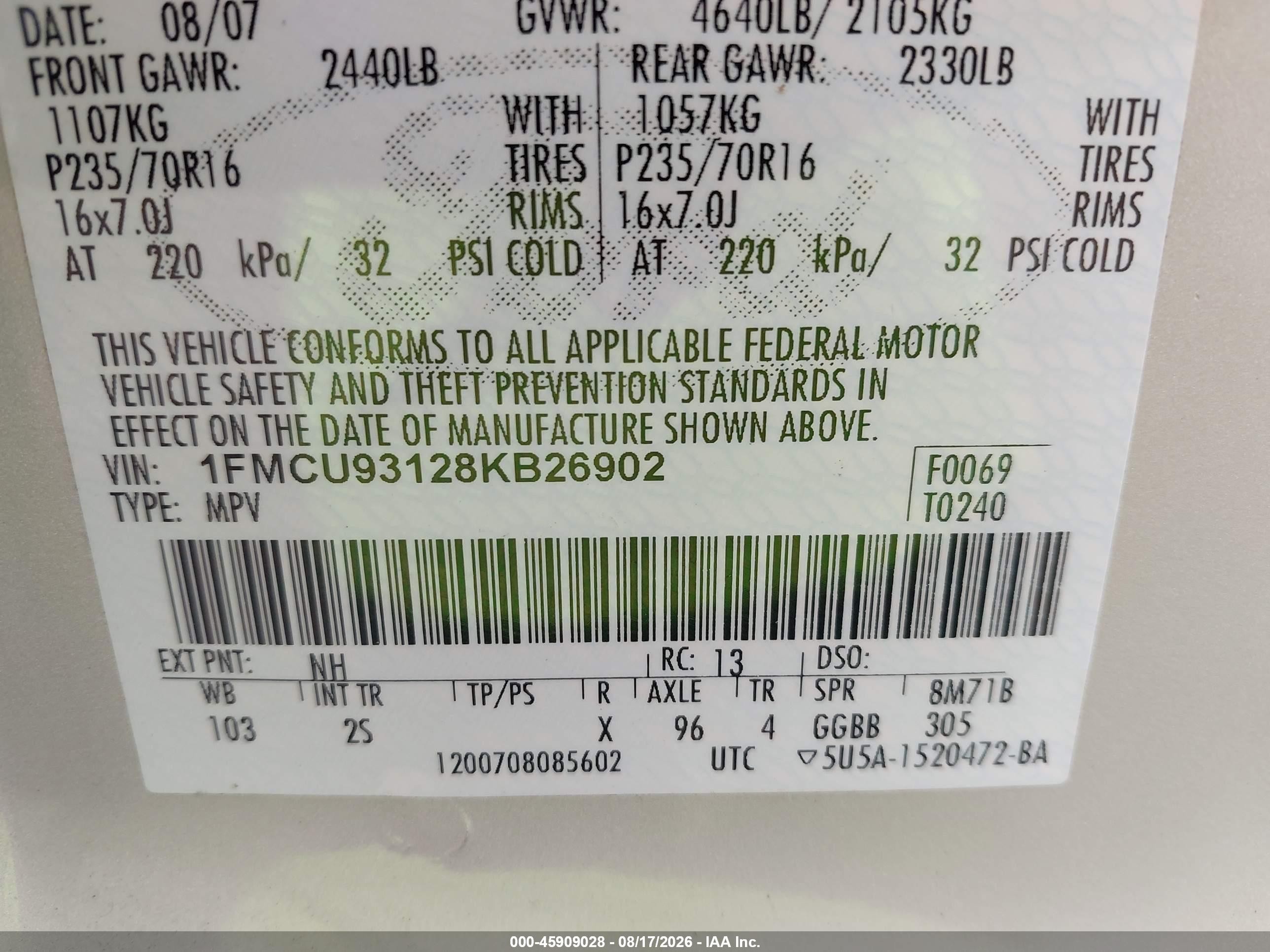 2008 Ford Escape Xlt Cream vin: 1FMCU93128KB26902
