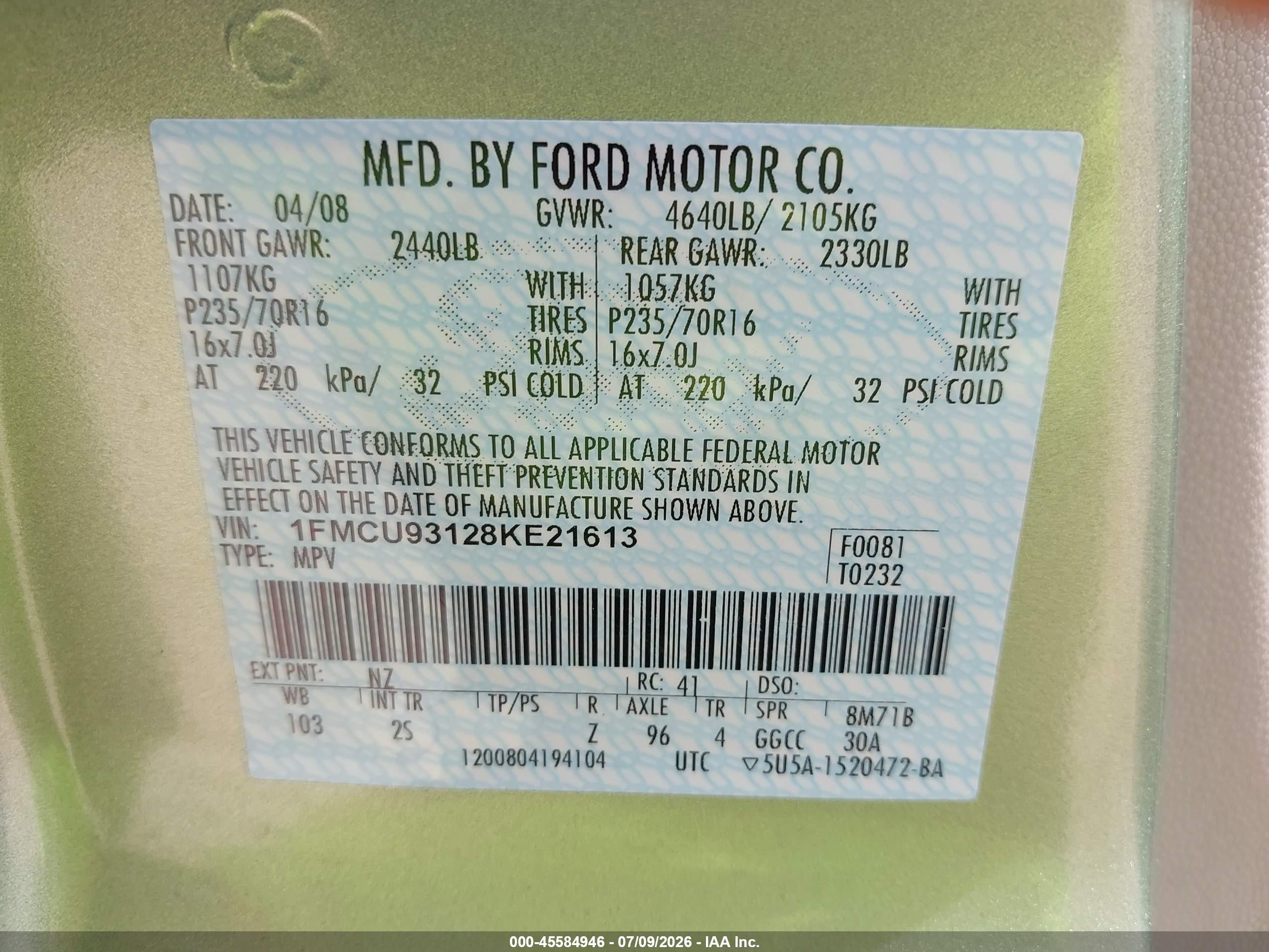 2008 Ford Escape Xlt Зеленый vin: 1FMCU93128KE21613