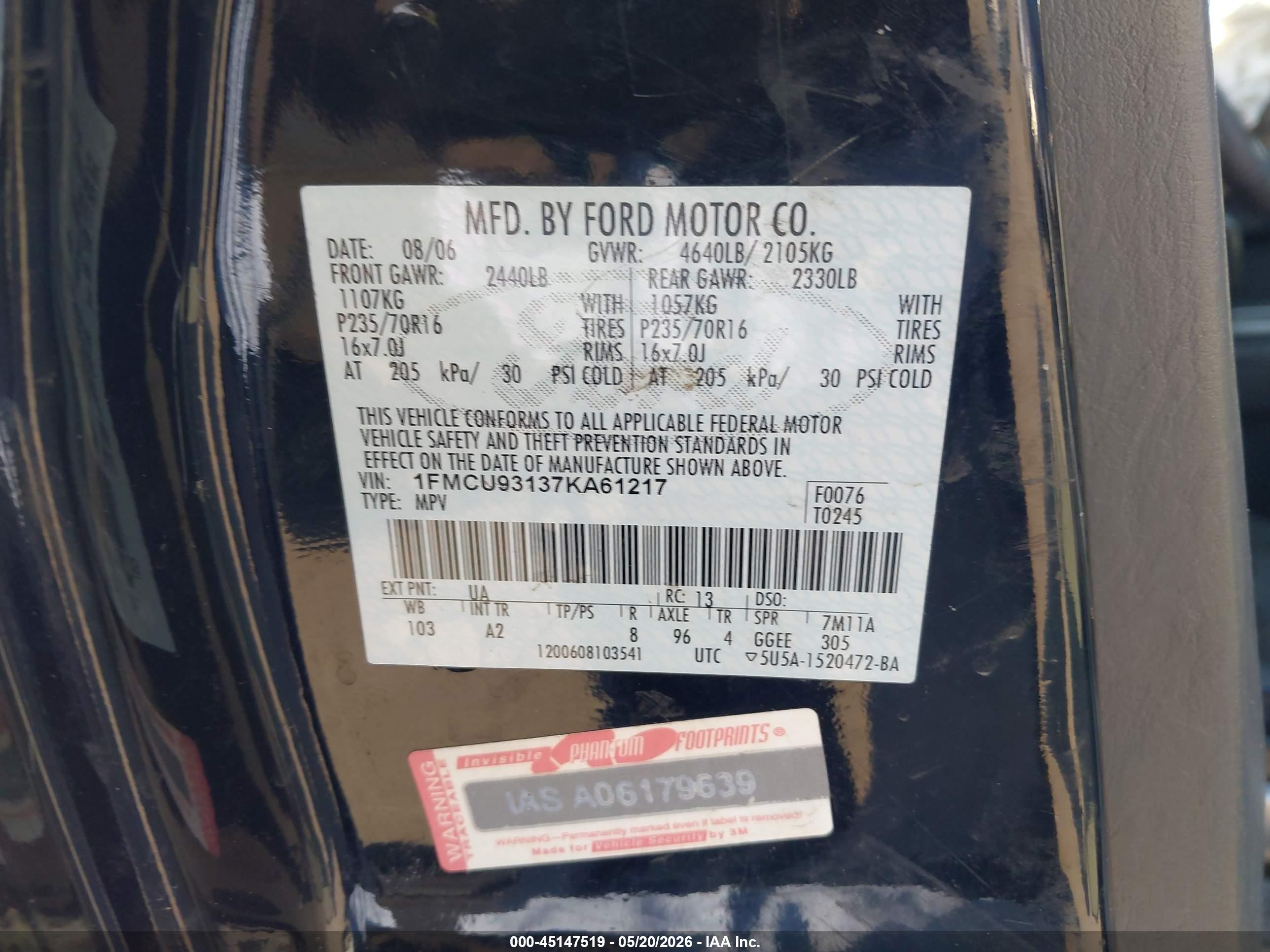 2007 Ford Escape Xlt/xlt Sport Черный vin: 1FMCU93137KA61217