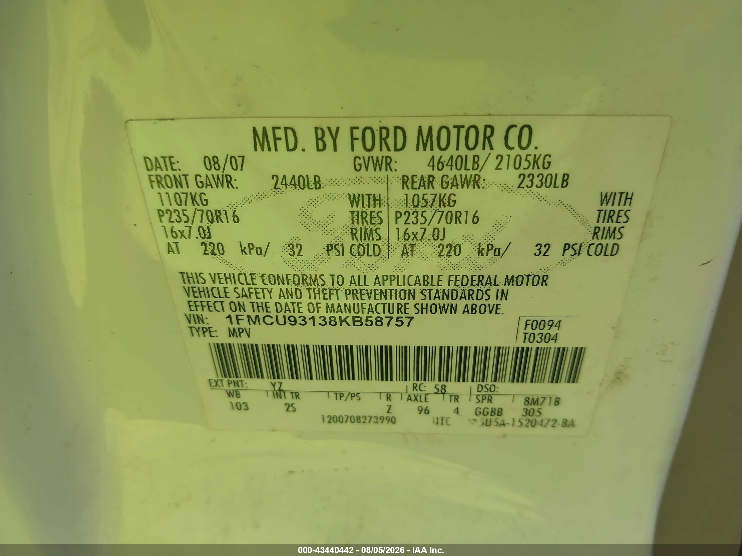 2008 Ford Escape Xlt White vin: 1FMCU93138KB58757