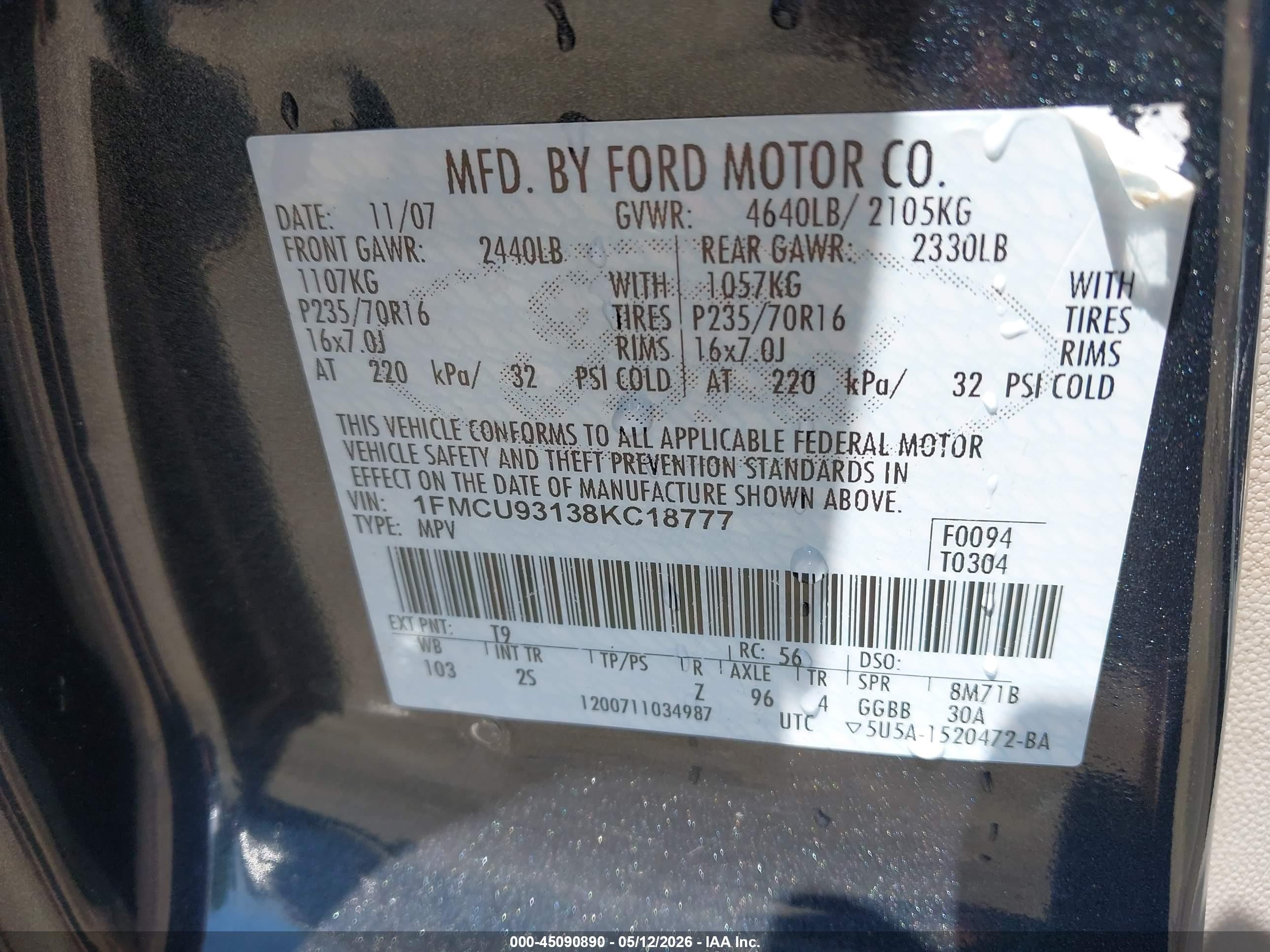 2008 Ford Escape Xlt Green vin: 1FMCU93138KC18777